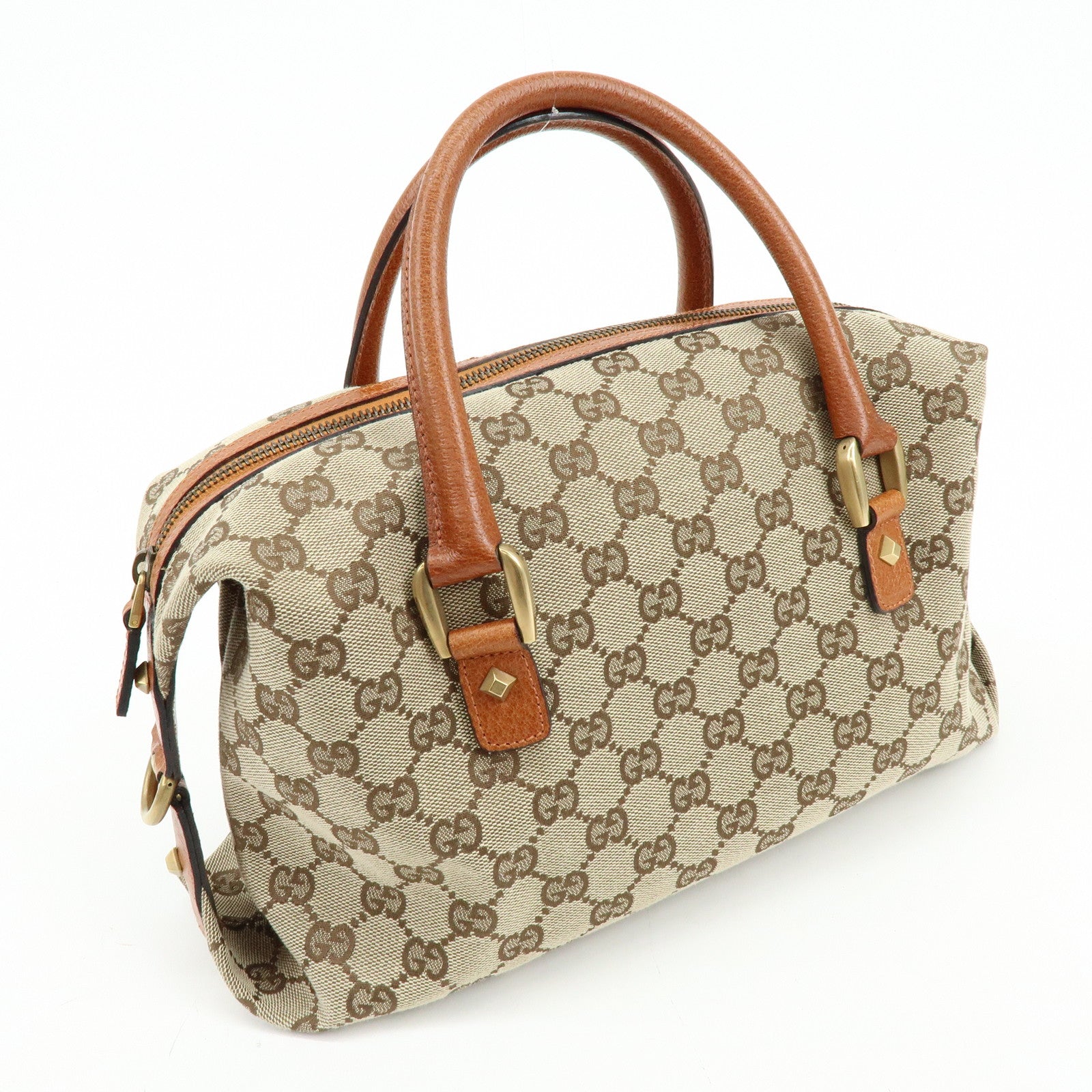 GUCCI GG Canvas Leather Hand Bag Boston Bag Beige Brown 120886
