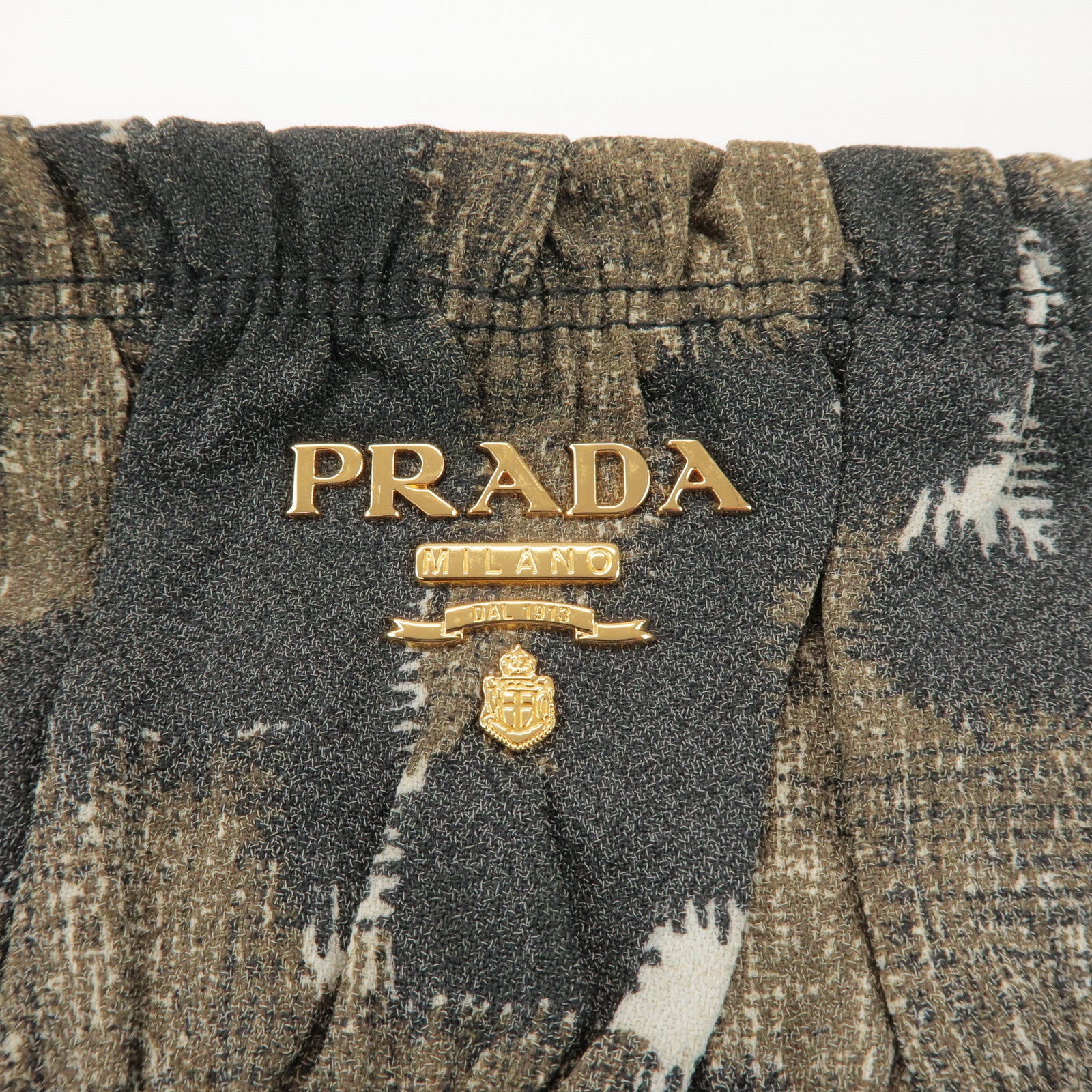PRADA Logo Canvas Camouflage Gathered Design Clutch Bag Khaki Black
