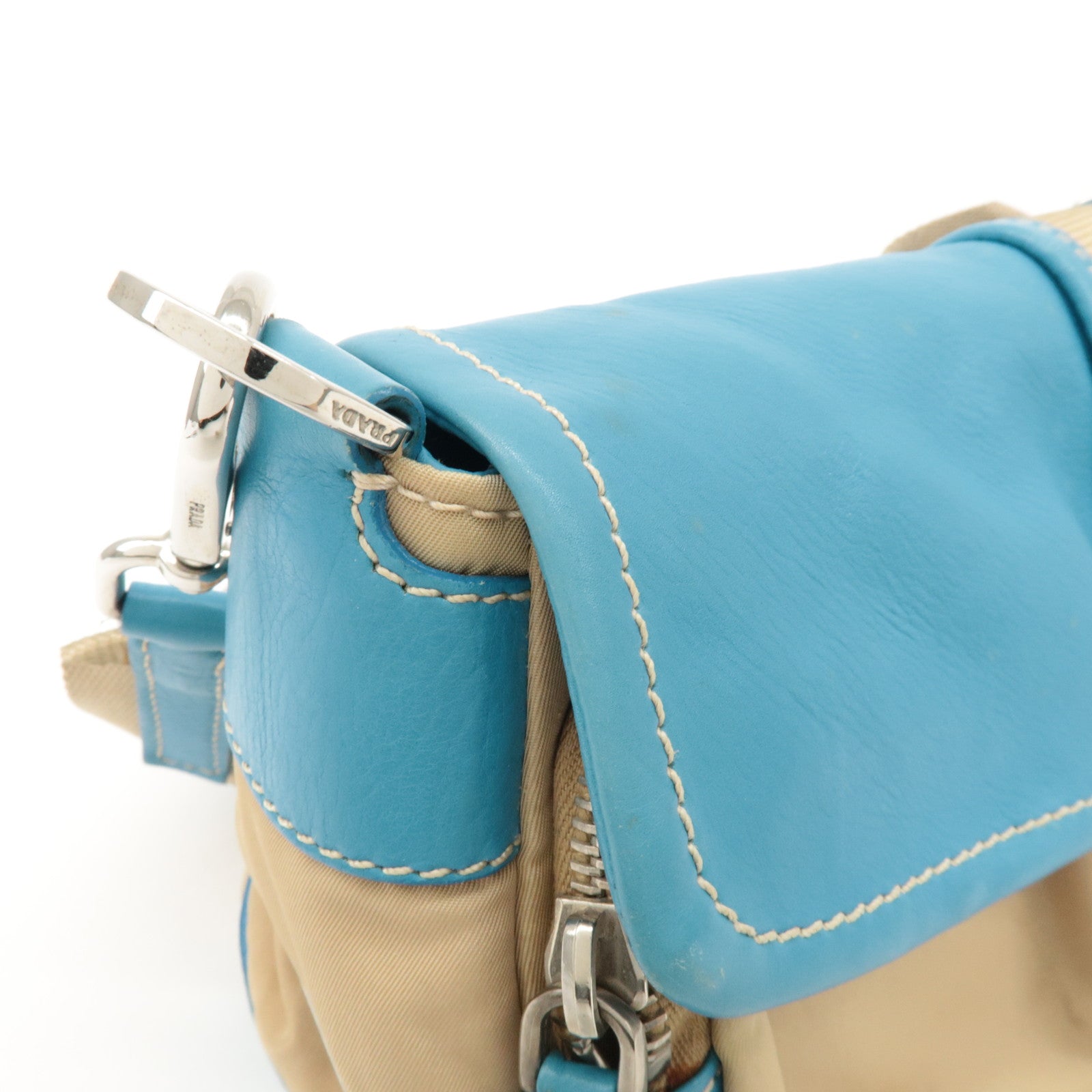 PRADA Nylon Leather Shoulder Bag Crossbody Bag Blue Beige BR2417 Used
