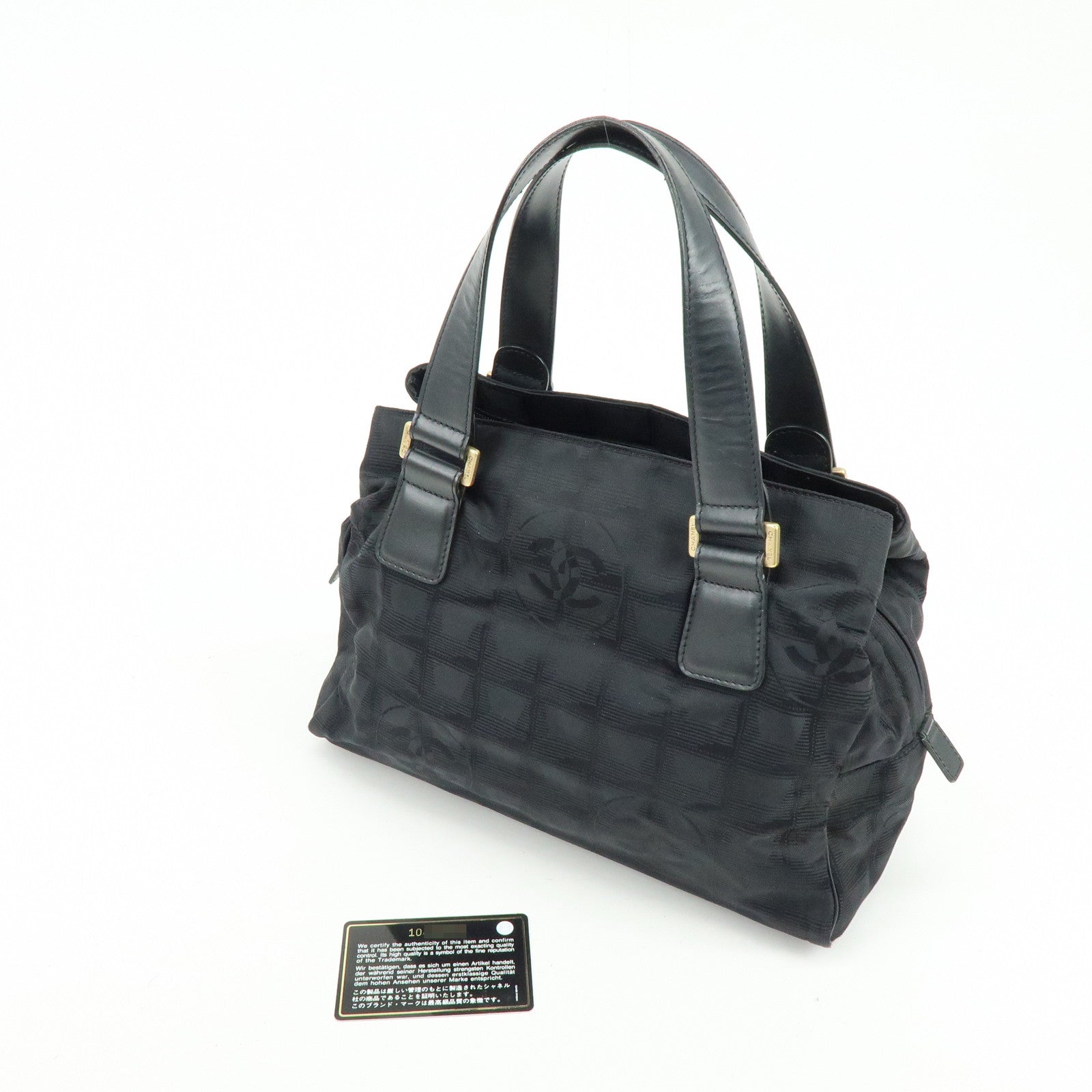 CHANEL New Travel Line Nylon Jacquard Leather Hand Bag Black