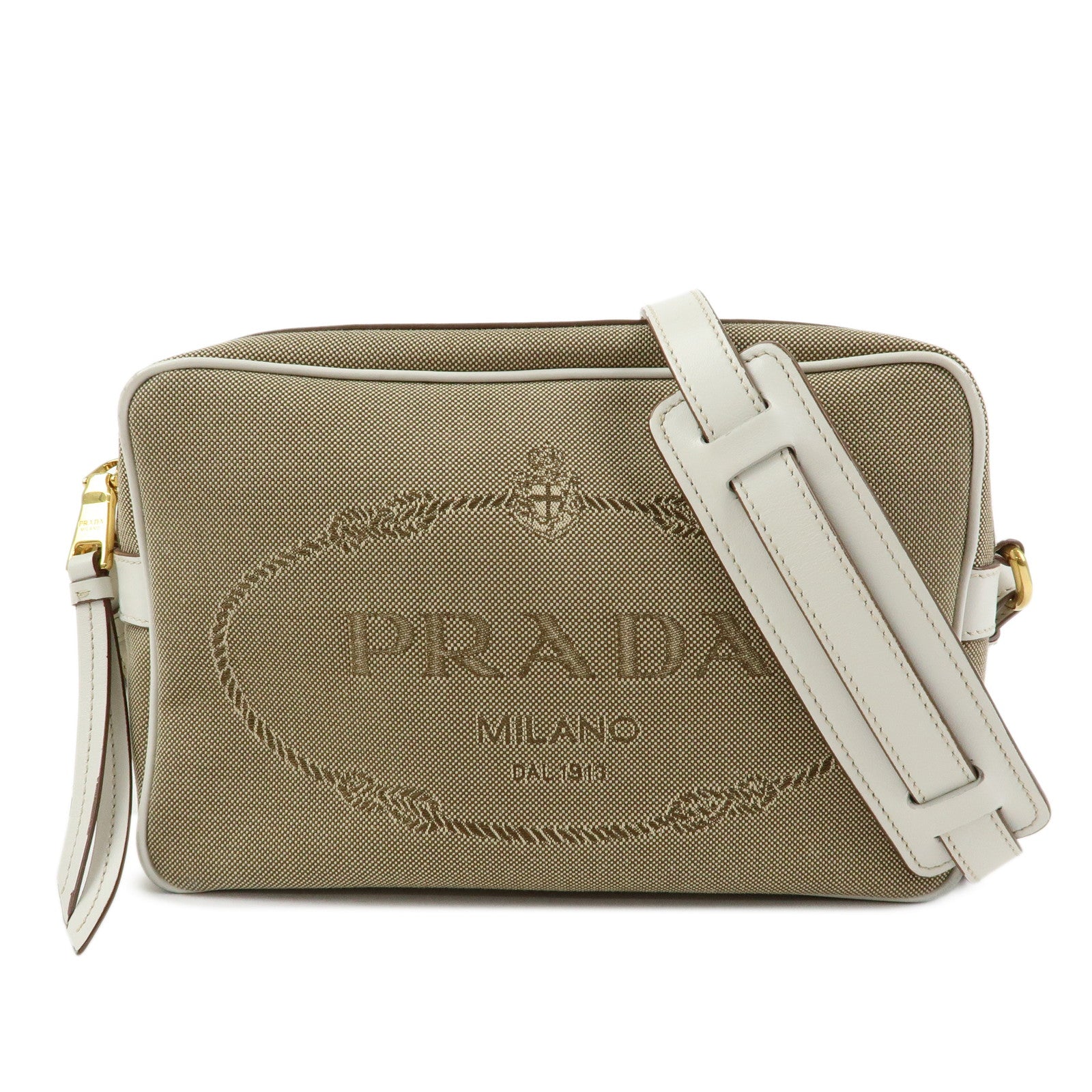 PRADA Logo Jacquard Leather Shoulder Bag Beige White 1BH089