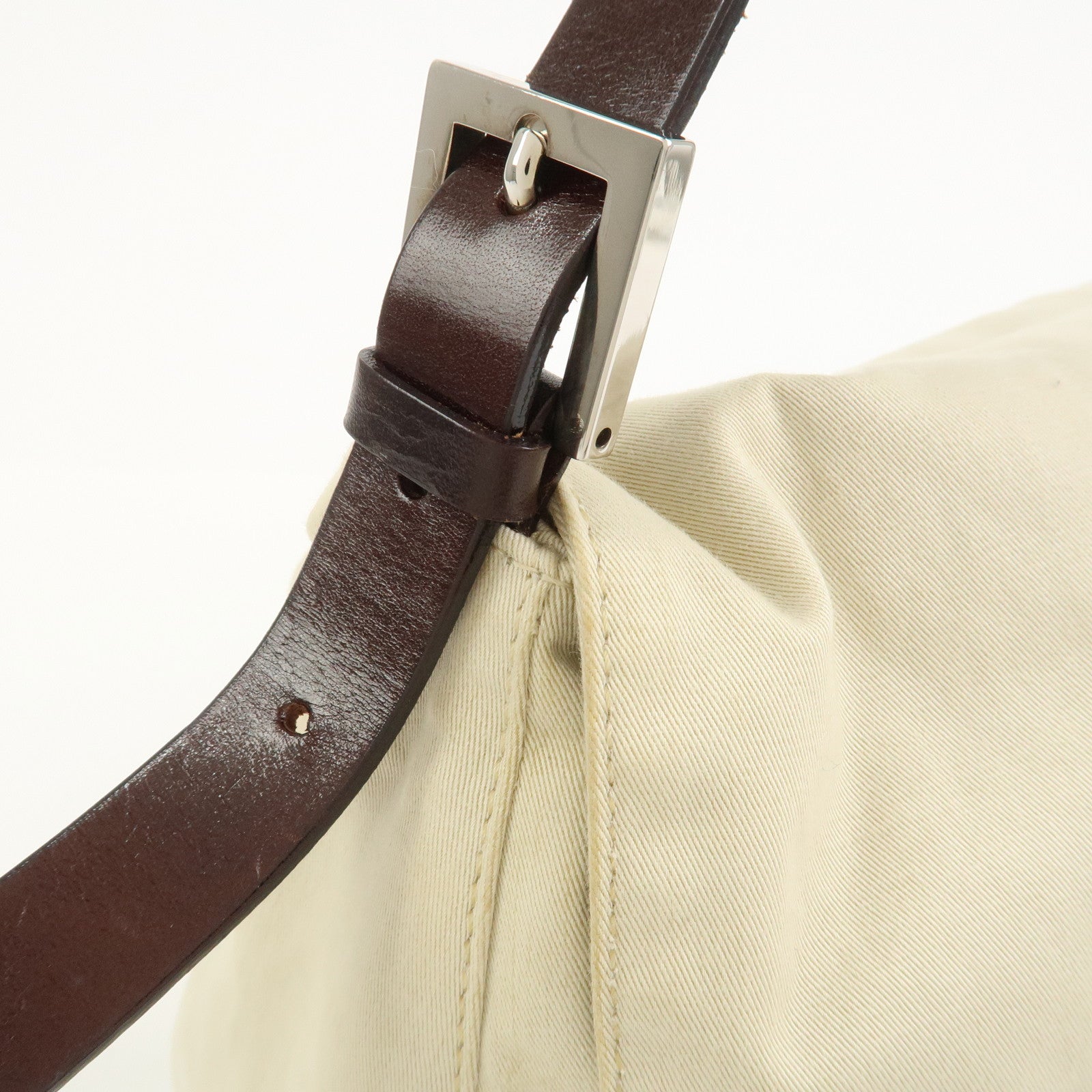 FENDI Mamma Baguette Canvas Leather Shoulder Bag Ivory Brown 26325