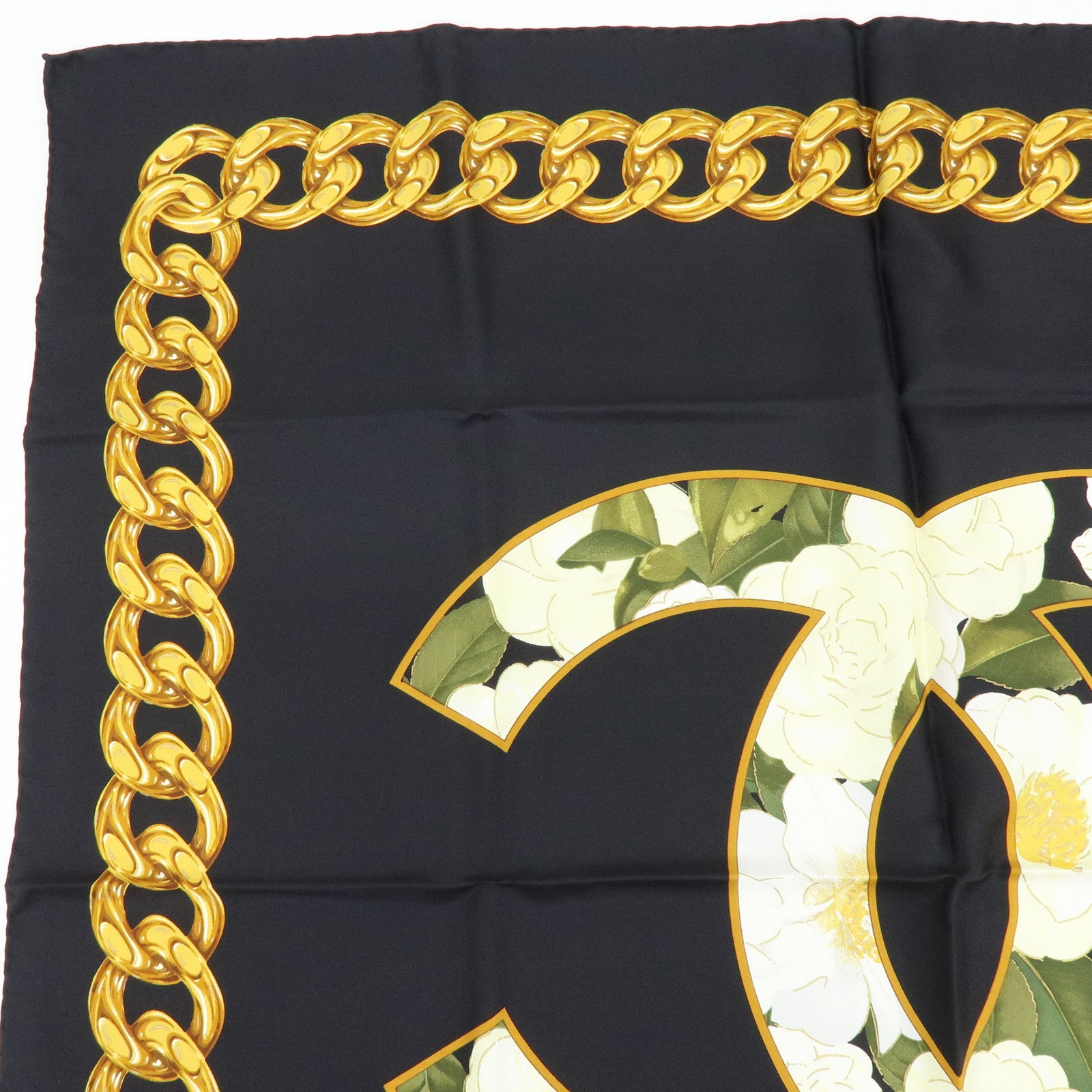 CHANEL COCO Mark Silk 100% Scarf Camellia Black Gold