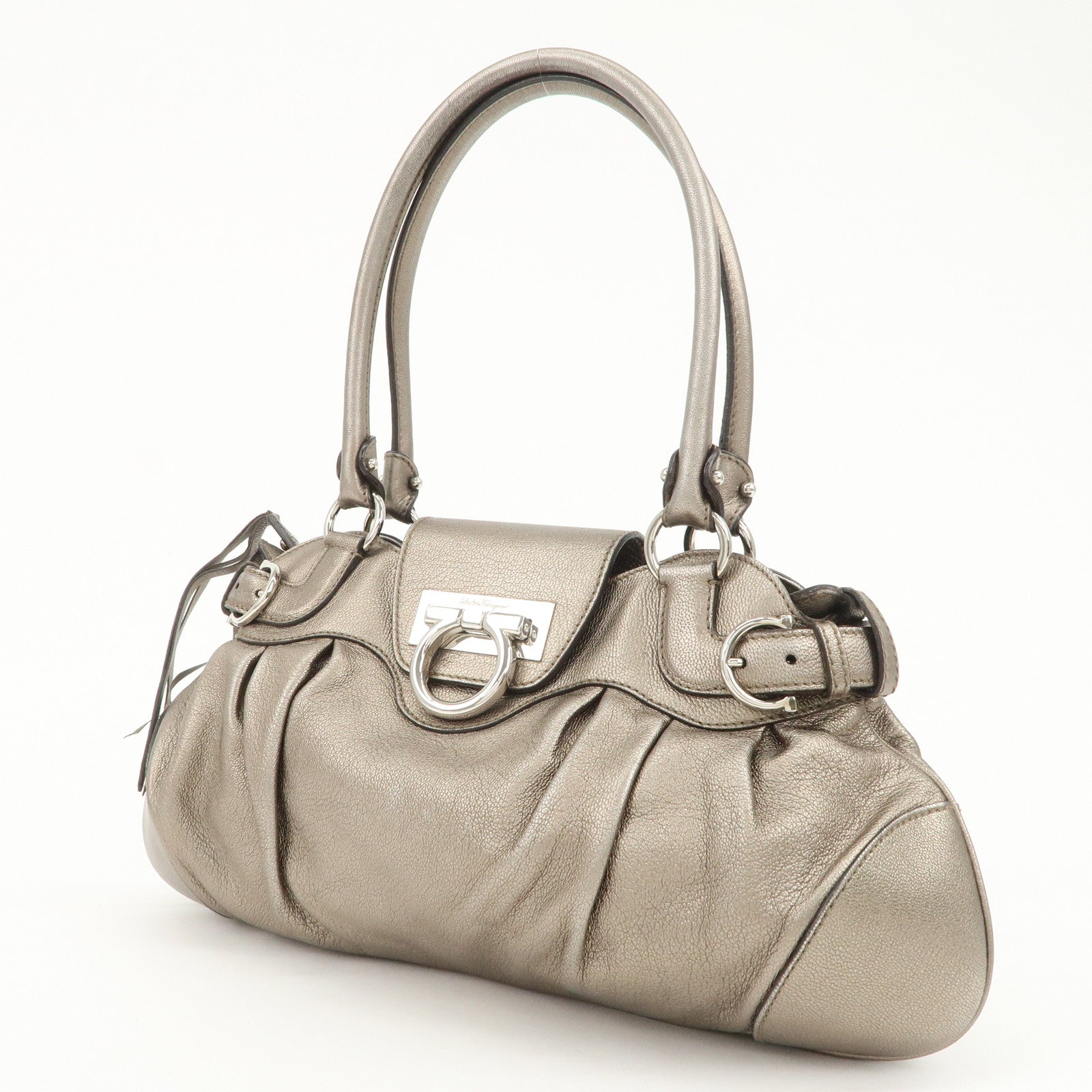 Ferragamo Gancini Leather Hand Bag Shoulder Bag Silver Gray