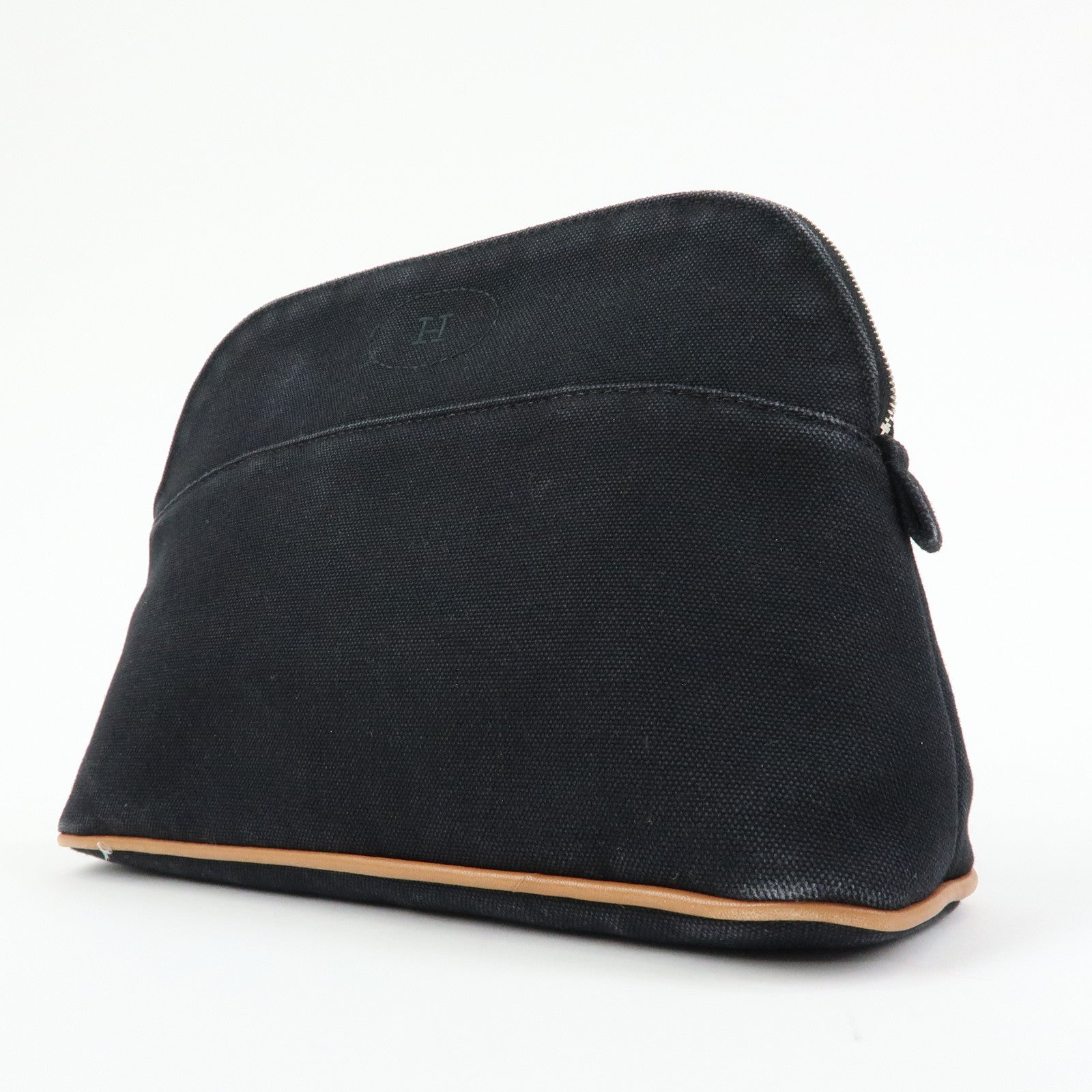 HERMES Bolide MM Cotton Leather Cosmetic Pouch Black Beige