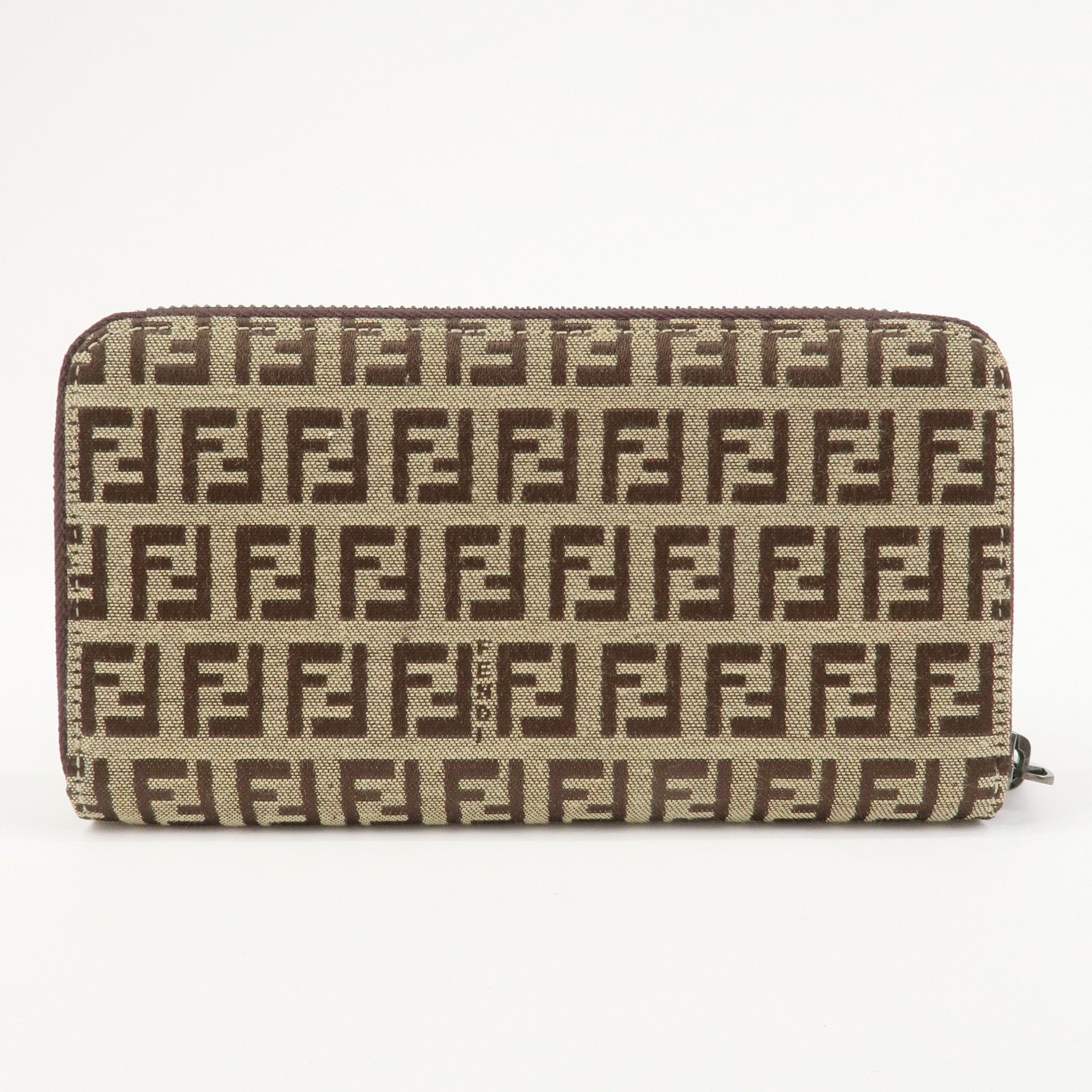 FENDI Zucchino Canvas Leather Round Zippy Long Wallet Brown 8M0024