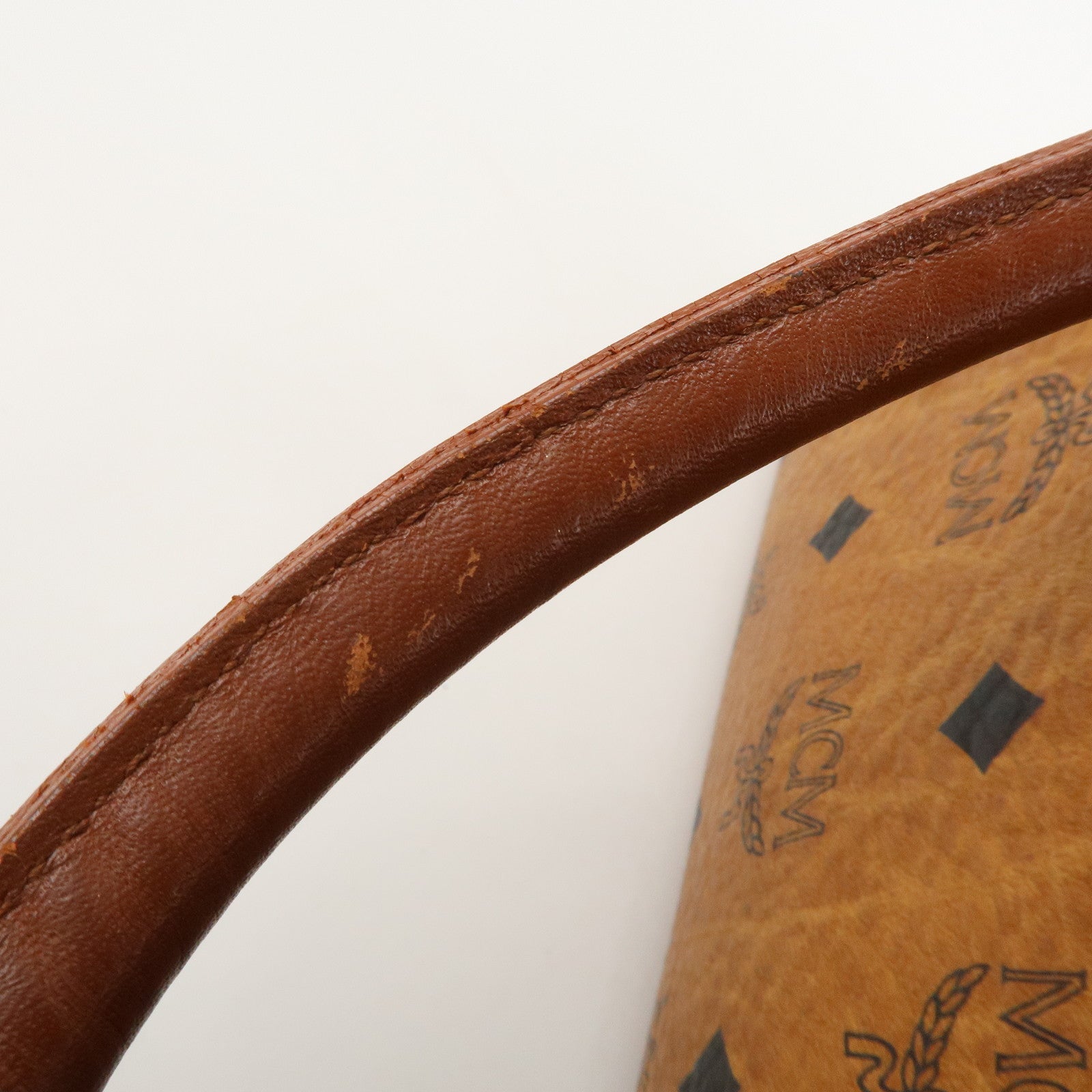 MCM Visetos Leather Boston Bag Hand Bag Brown Gold Hardware Used