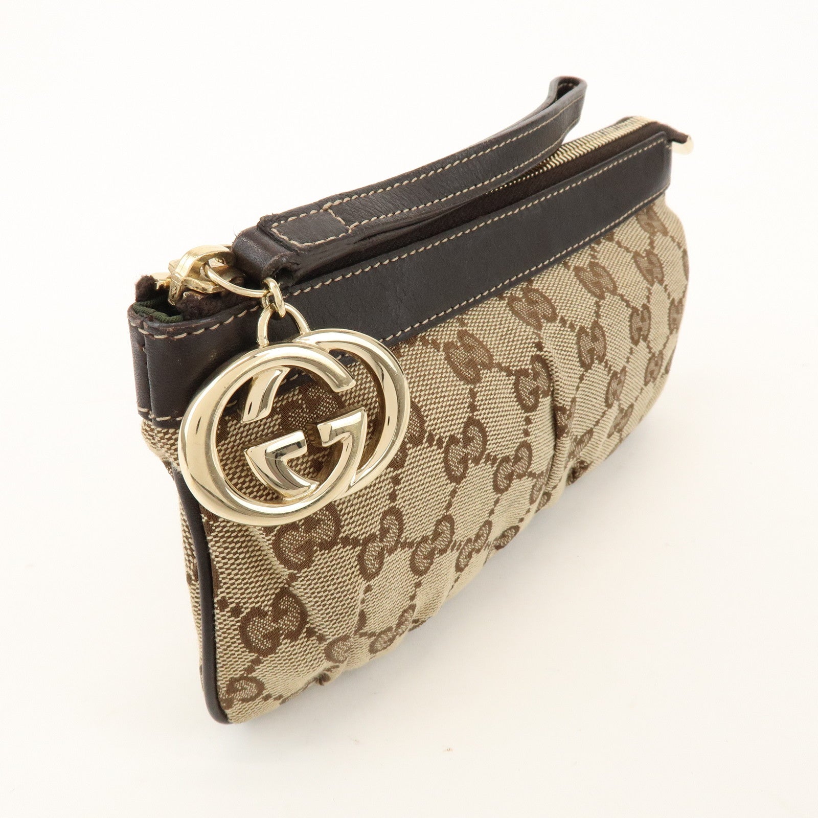 GUCCI Interlocking G GG Canvas Leather Pouch Wristlet Bag 212203