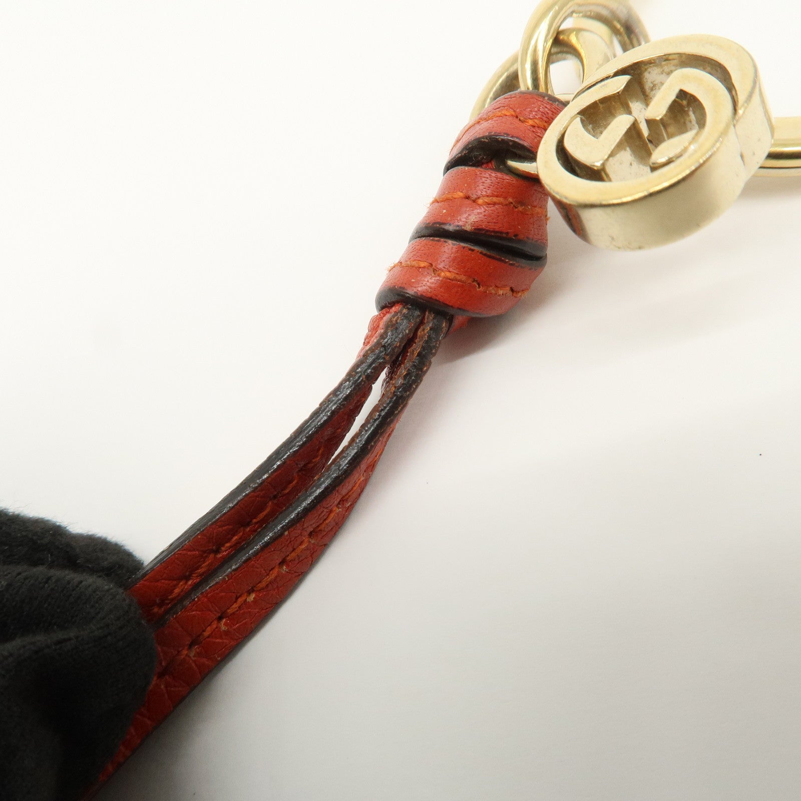 GUCCI Interlocking G Leather Metal Bag Charm Key Chain Orange Gold
