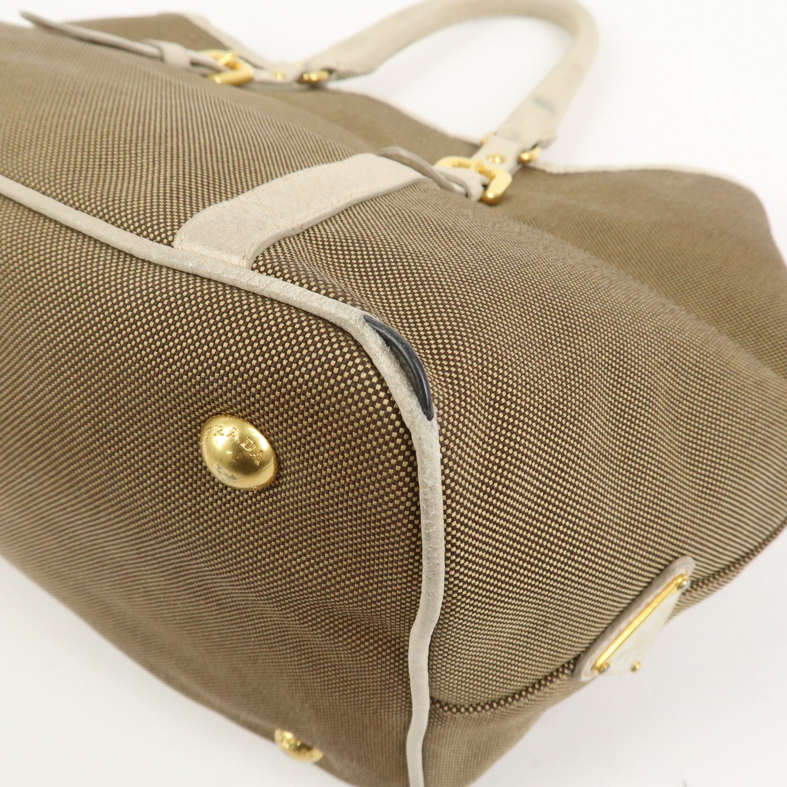 PRADA Logo Jacguard Leather 2Way Tote Bag Brown Ivory BN1841