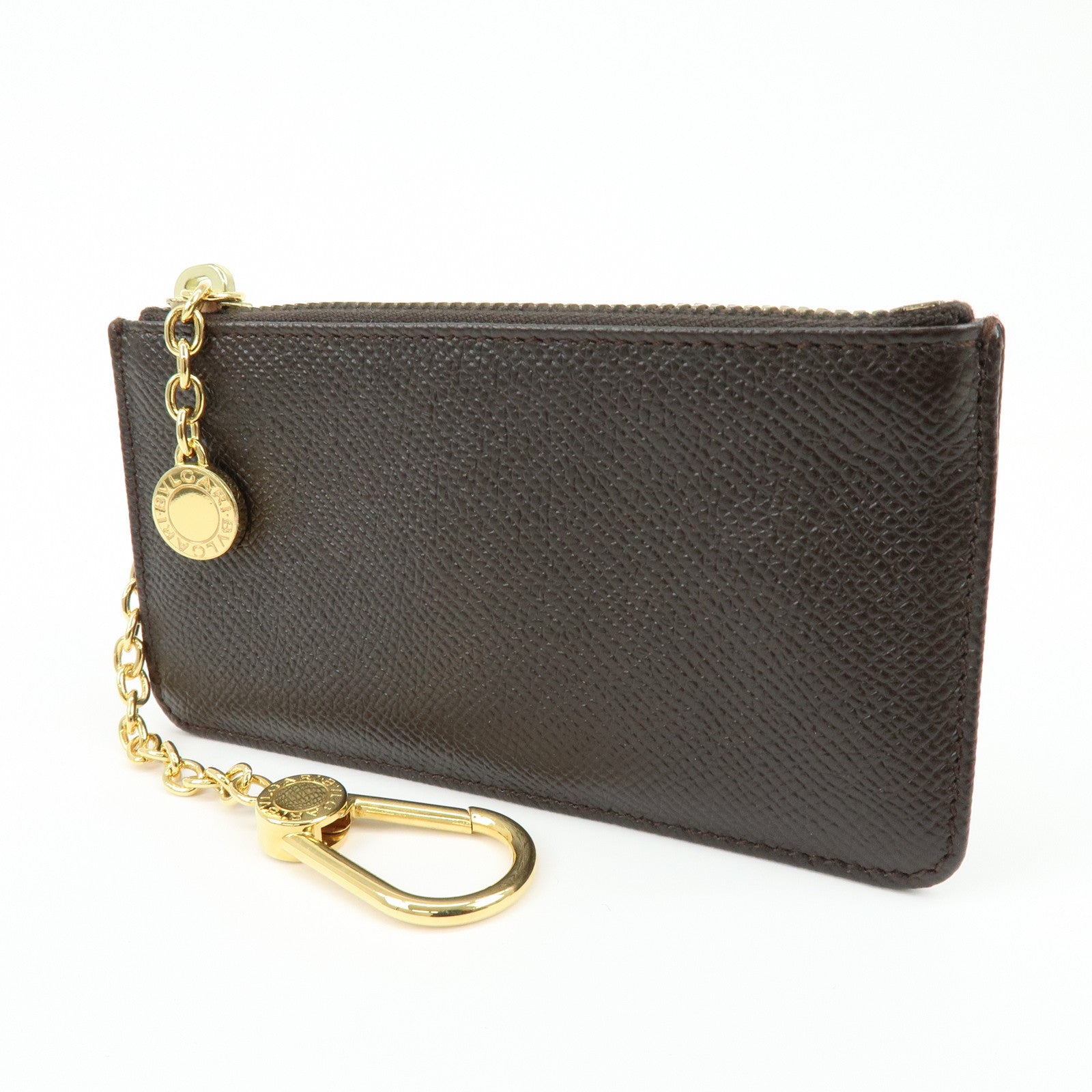 BVLGARI Leather Coin Case Coin Purse Key Chain Dark Brown
