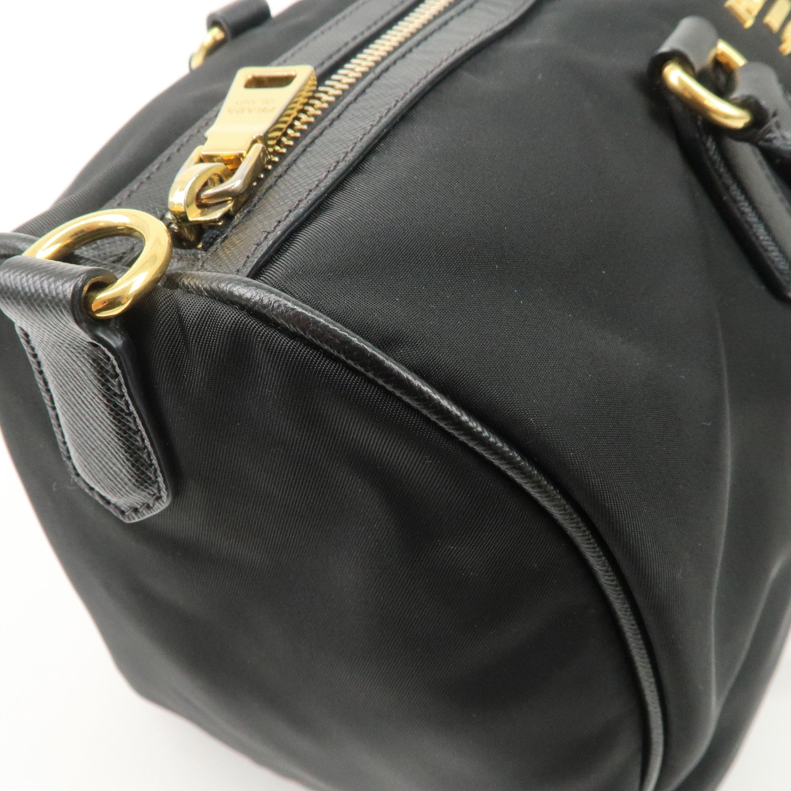 PPRADA Logo Nylon Leather Boston Bag Hand Bag Black Gold HDW Used