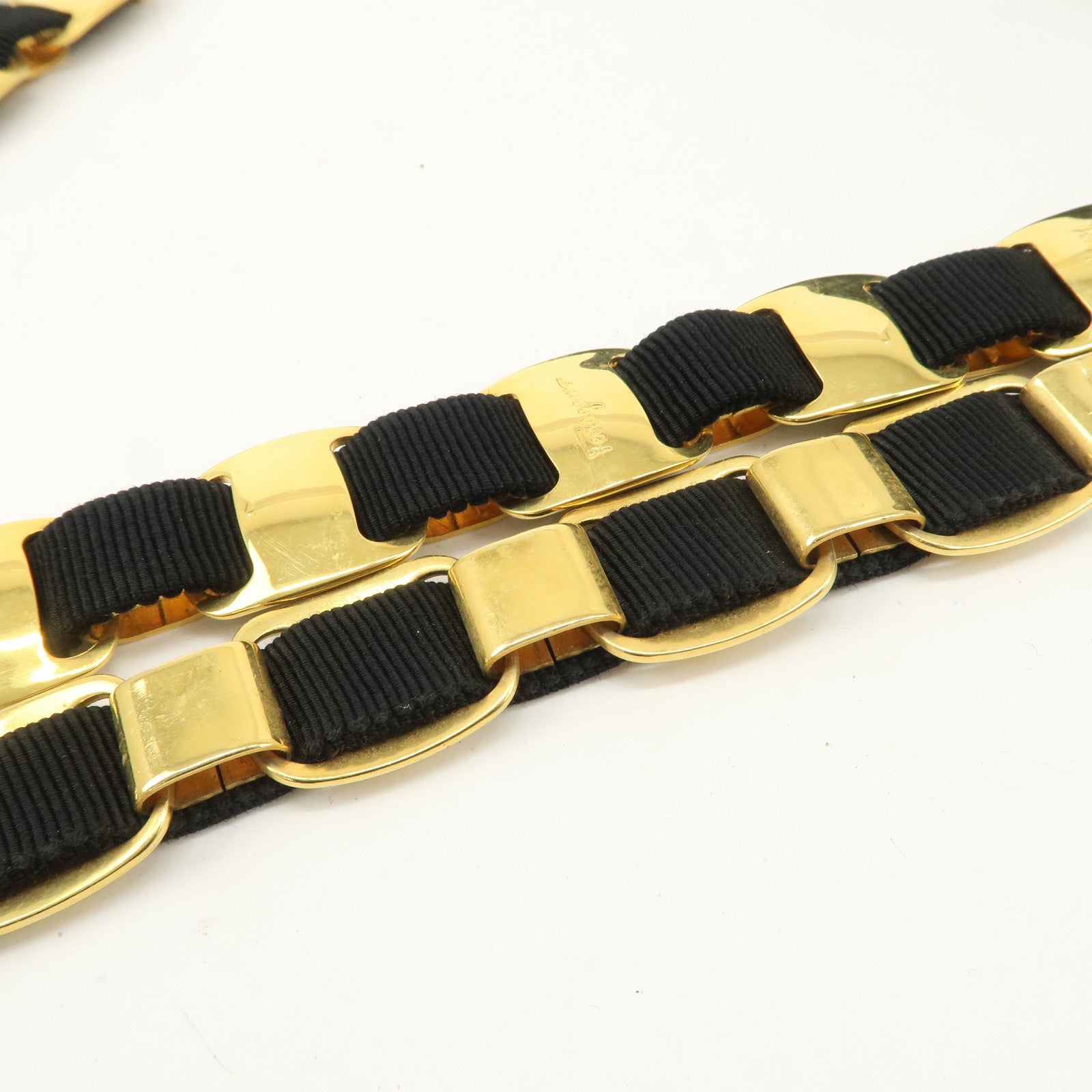 Ferragamo Leather Canvas Chain Tote Bag Hand Bag Black Gold Hardware Used