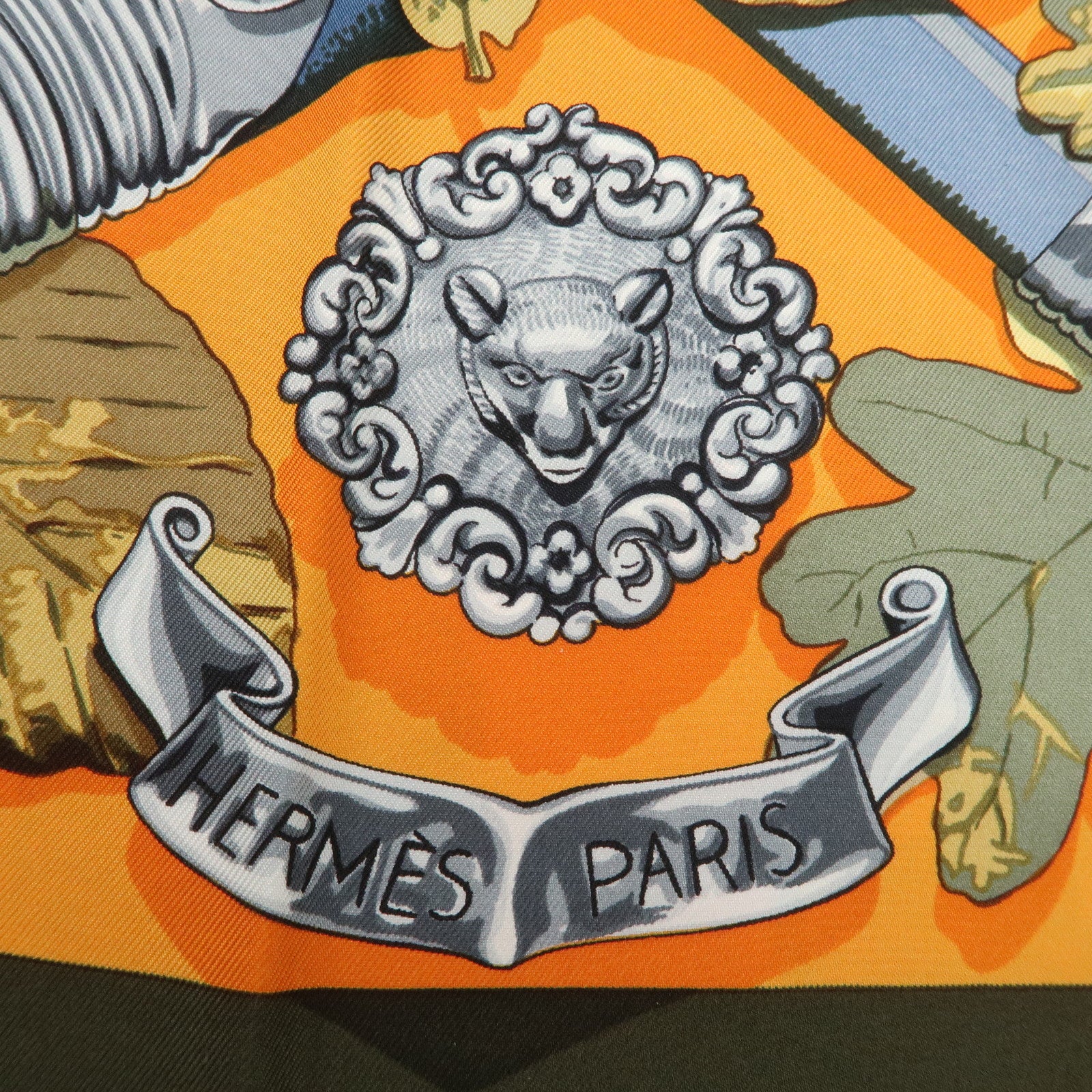 HERMES Carre90 Silk 100% Scarf AU PLUS DRU Khaki Orange Used