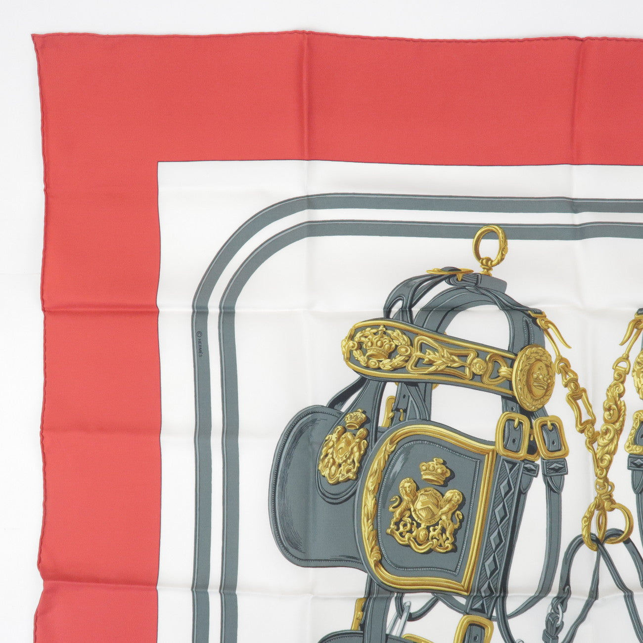 HERMES Carre 90 Silk 100% Scarf BRIDES DE GALA Gray Gold Red