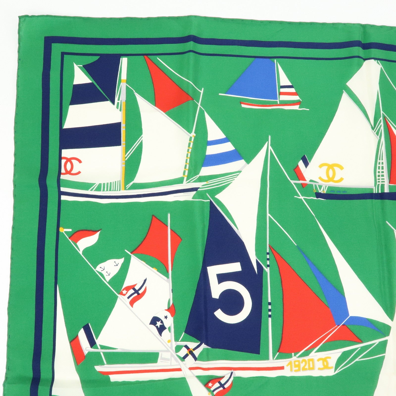 CHANEL COCO Mark Silk100% Scarf Green Navy White Red