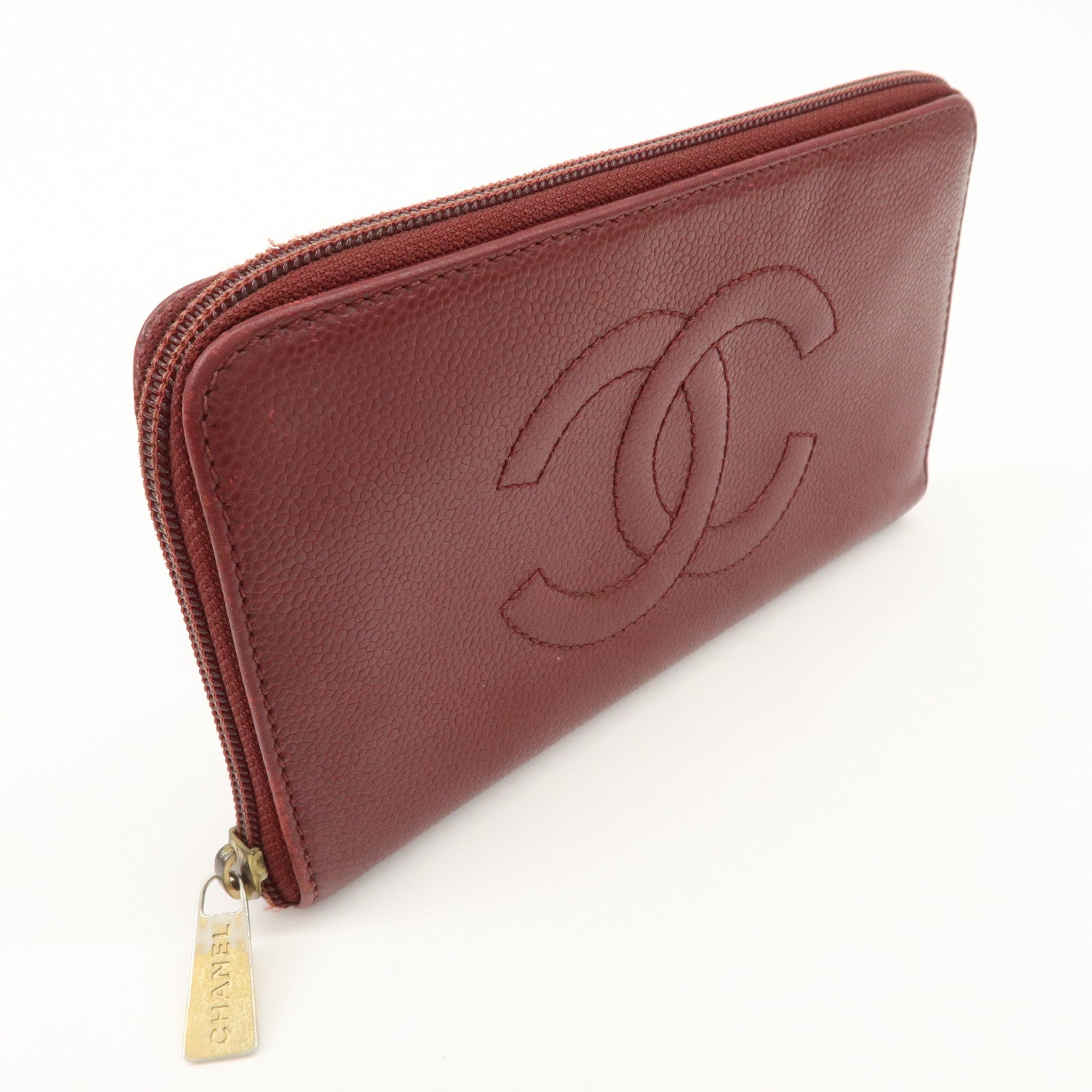 CHANEL COCO Mark Caviar Skin Round Zippy Wallet Bordeaux Used