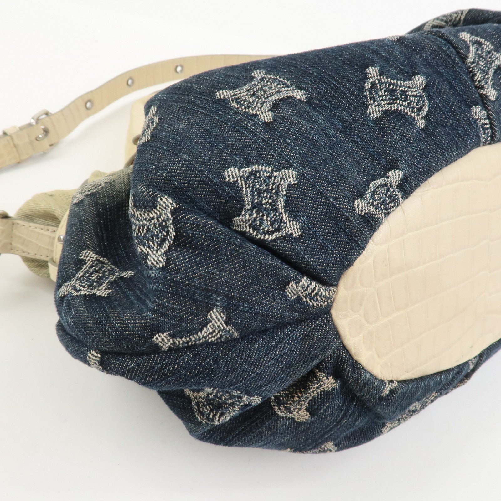 CELINE Macadam Denim Embossed Leather 2WAY Bag Hand Bag Blue Ivory