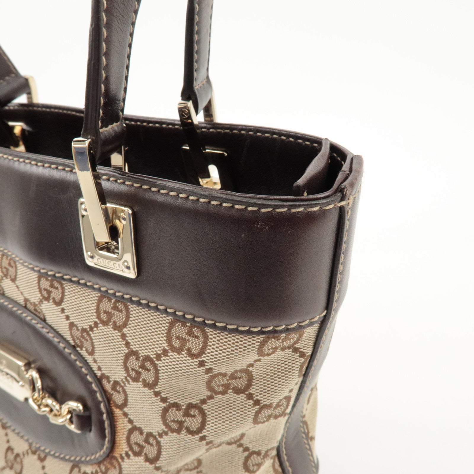 GUCCI GG Canvas Leather Tote Bag Hand Bag Beige Dark Brown 145994 Used