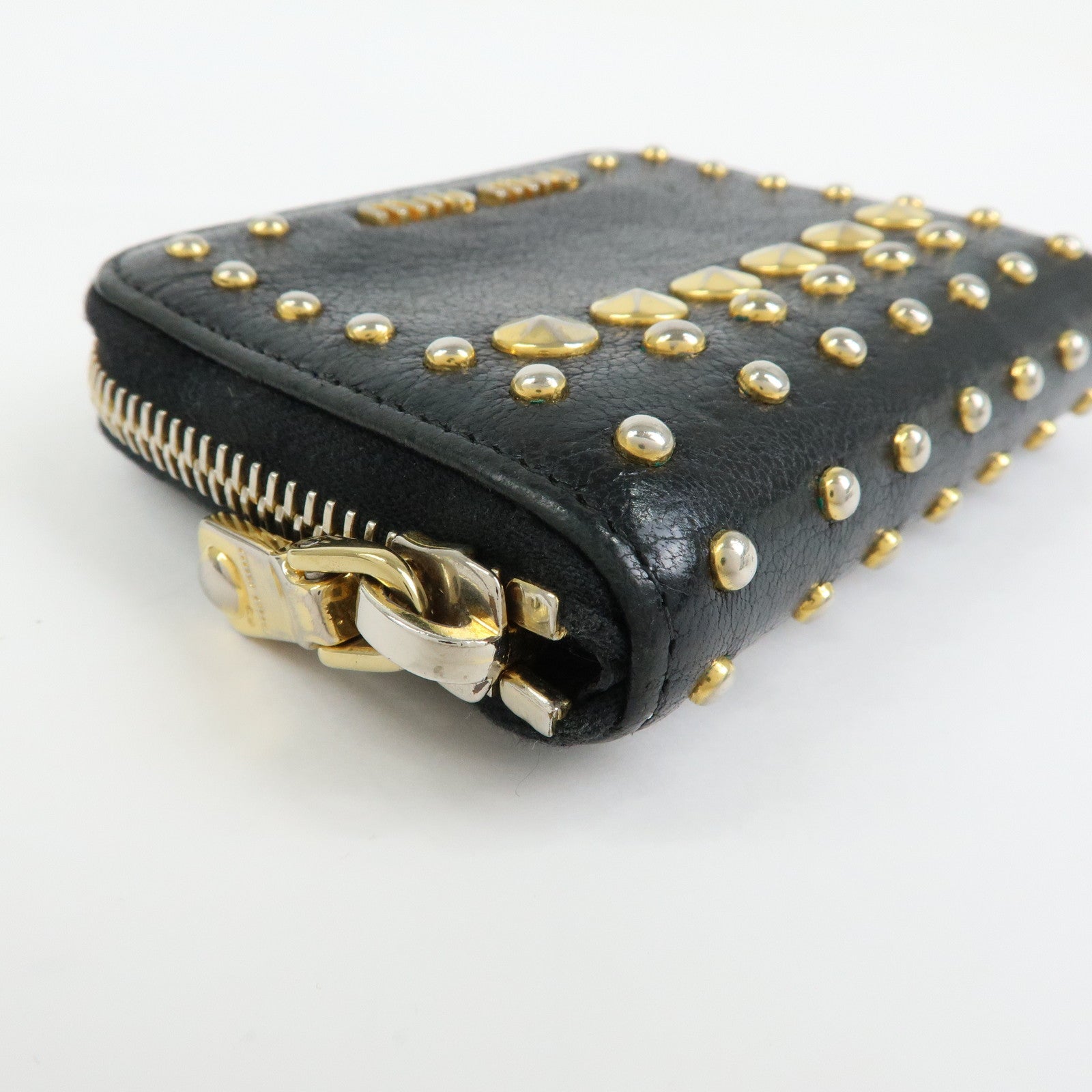 MIU MIU Madras Leather Studs Compact Coin Case Wallet Black