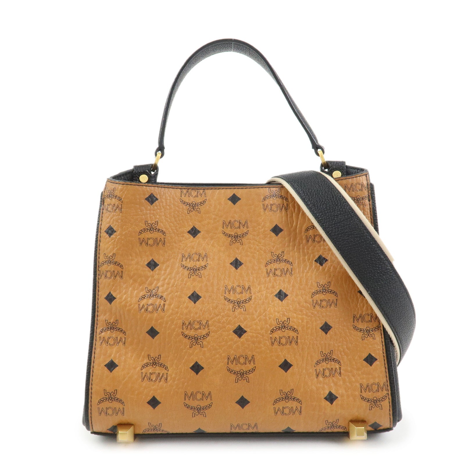 MCM Leather 2Way Bag Hand Bag Shoulder Bag Camel Black