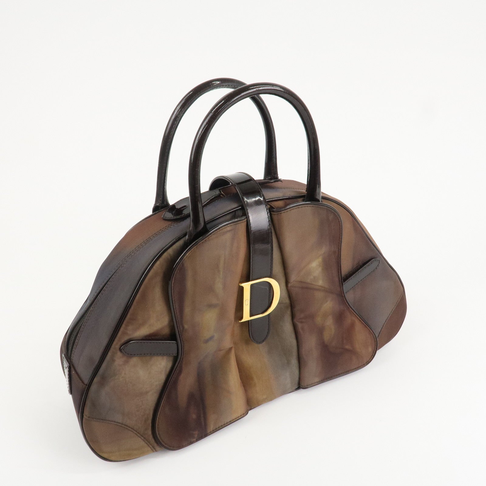 Christian Dior Double Saddle Nylon Leather Hand Boston Bag Brown Used