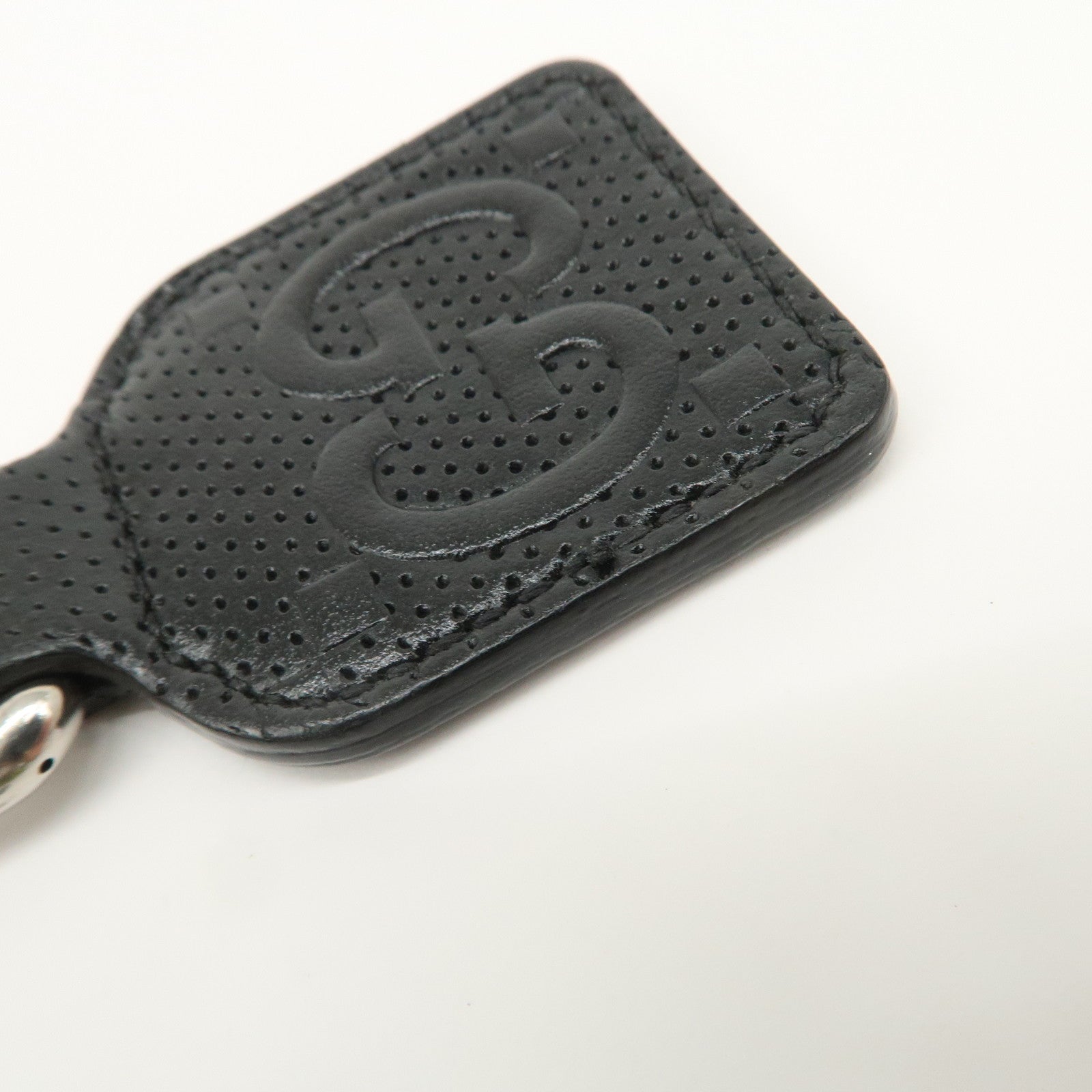GUCCI GG Embossed Leather Metal Bag Charm Key Chain Black 625607