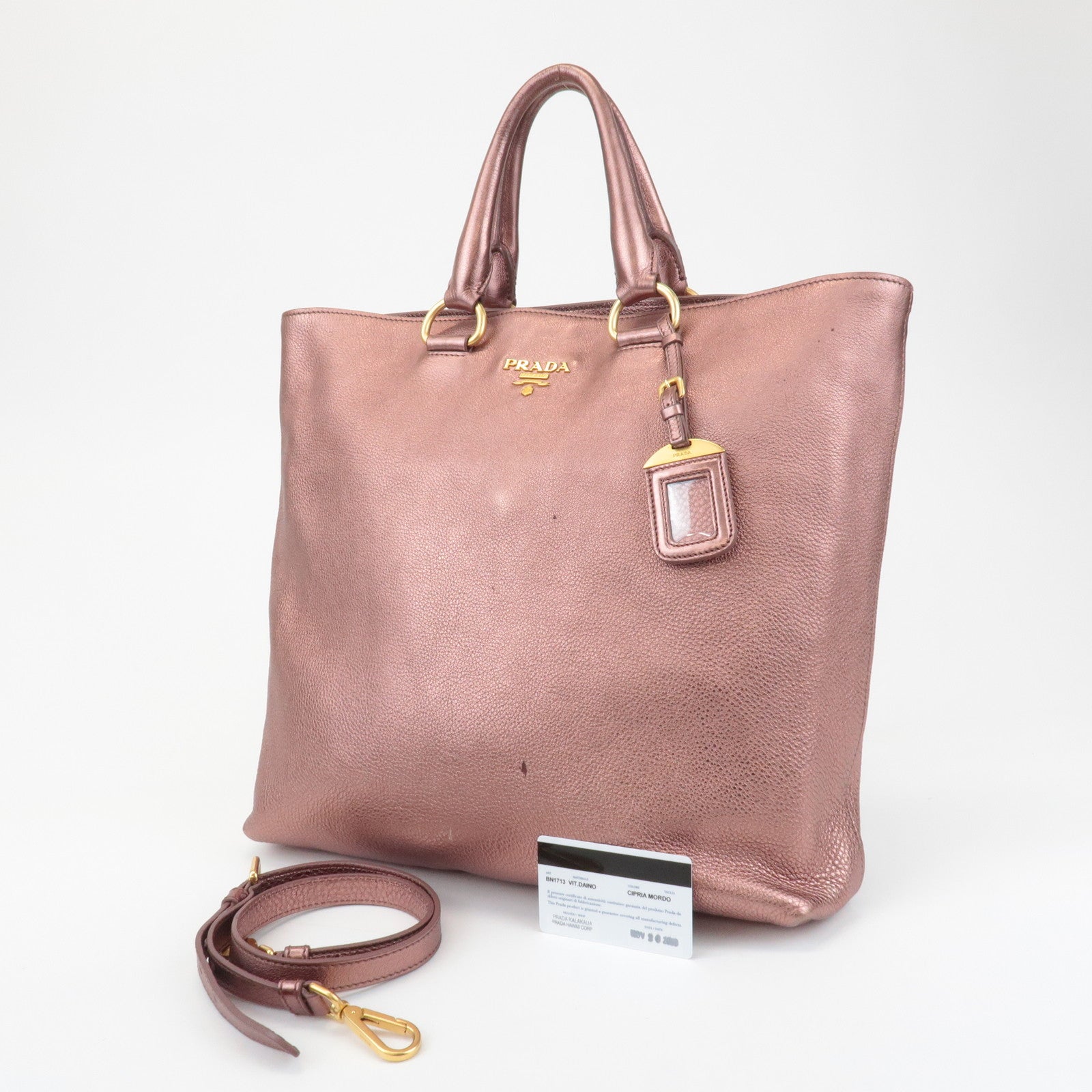 PRADA Leather 2Way Tote Bag Shoulder Bag Metallic Pink BN1713 Used