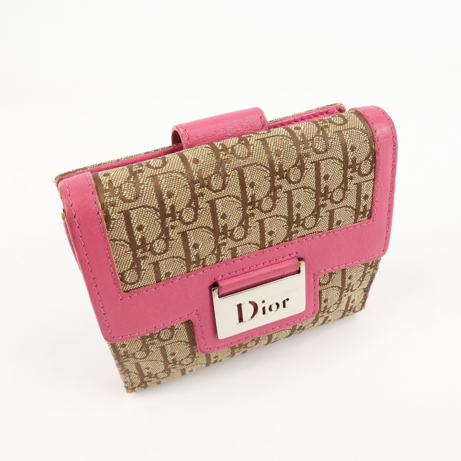 Christian Dior Street Chic Trotter Canvas Leather W Hook Wallet Pink Used