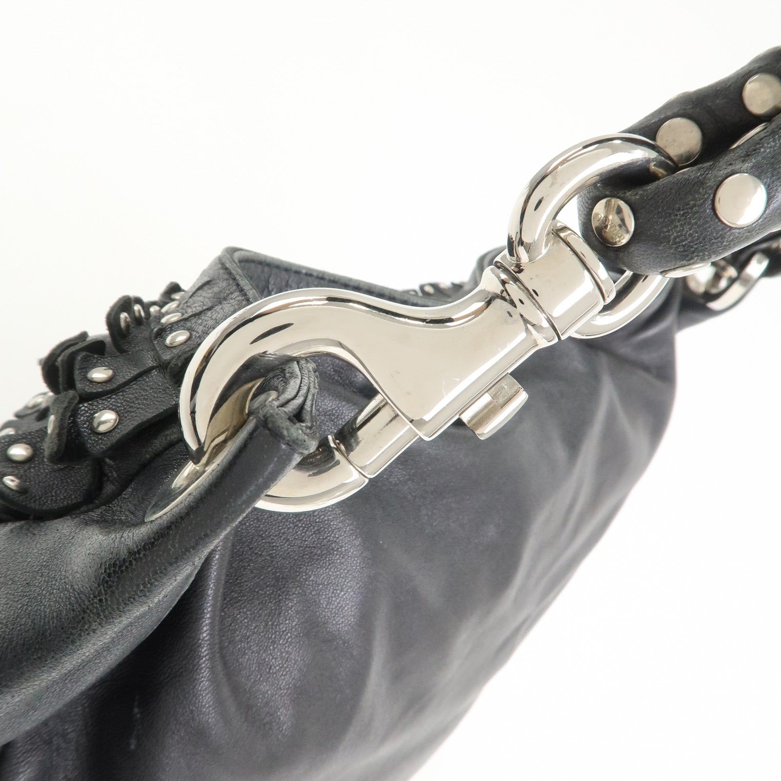 JIMMY CHOO Studs Leather Shoulder Bag Hand Bag Black