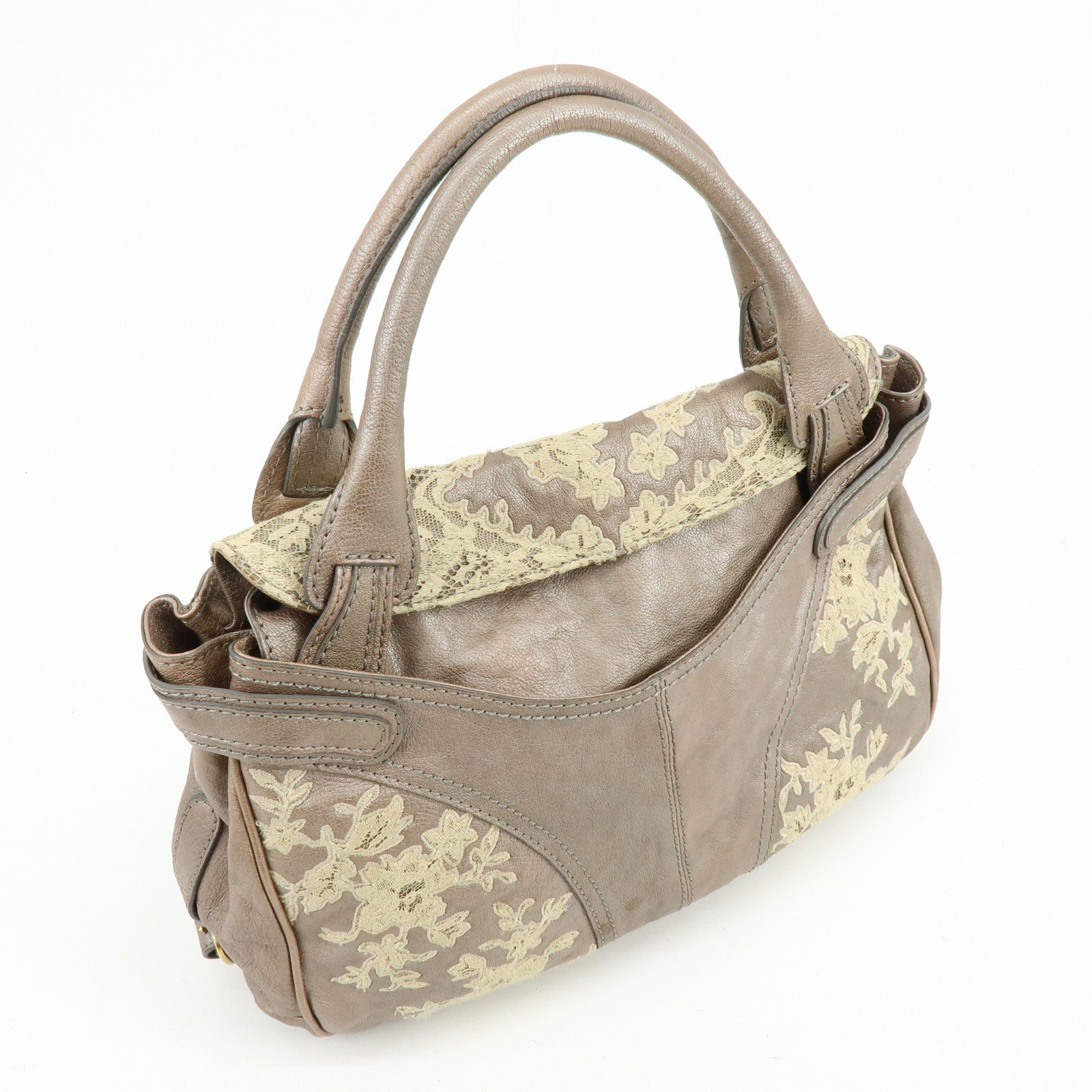 VALENTINO Flower Embroidery Leather Hand Bag Shoulder Bag Greige
