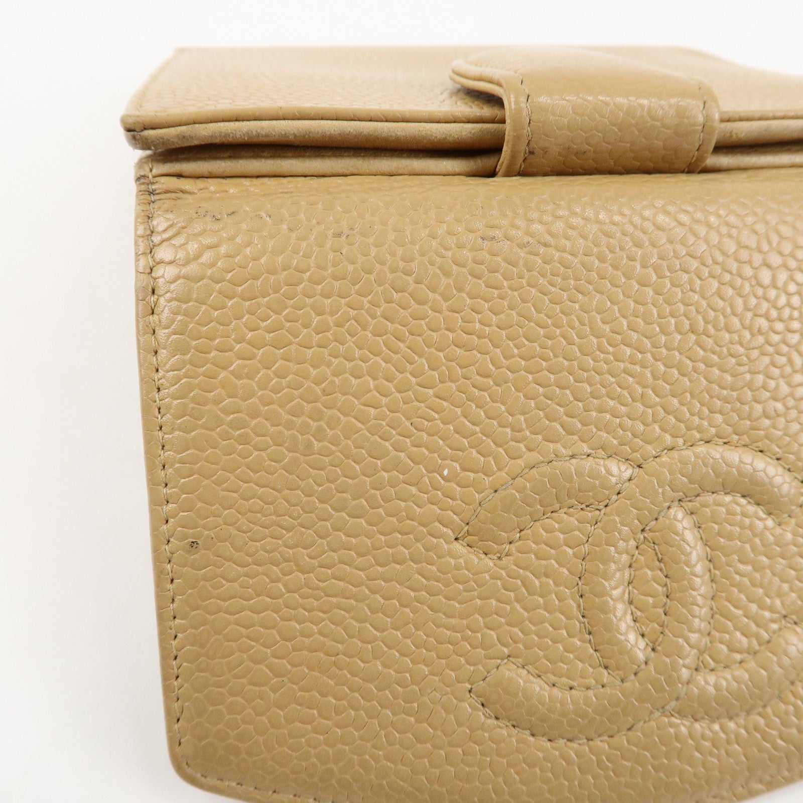 CHANEL COCO Mark Caviarskin W Hook Bi-fold Wallet Beige Used