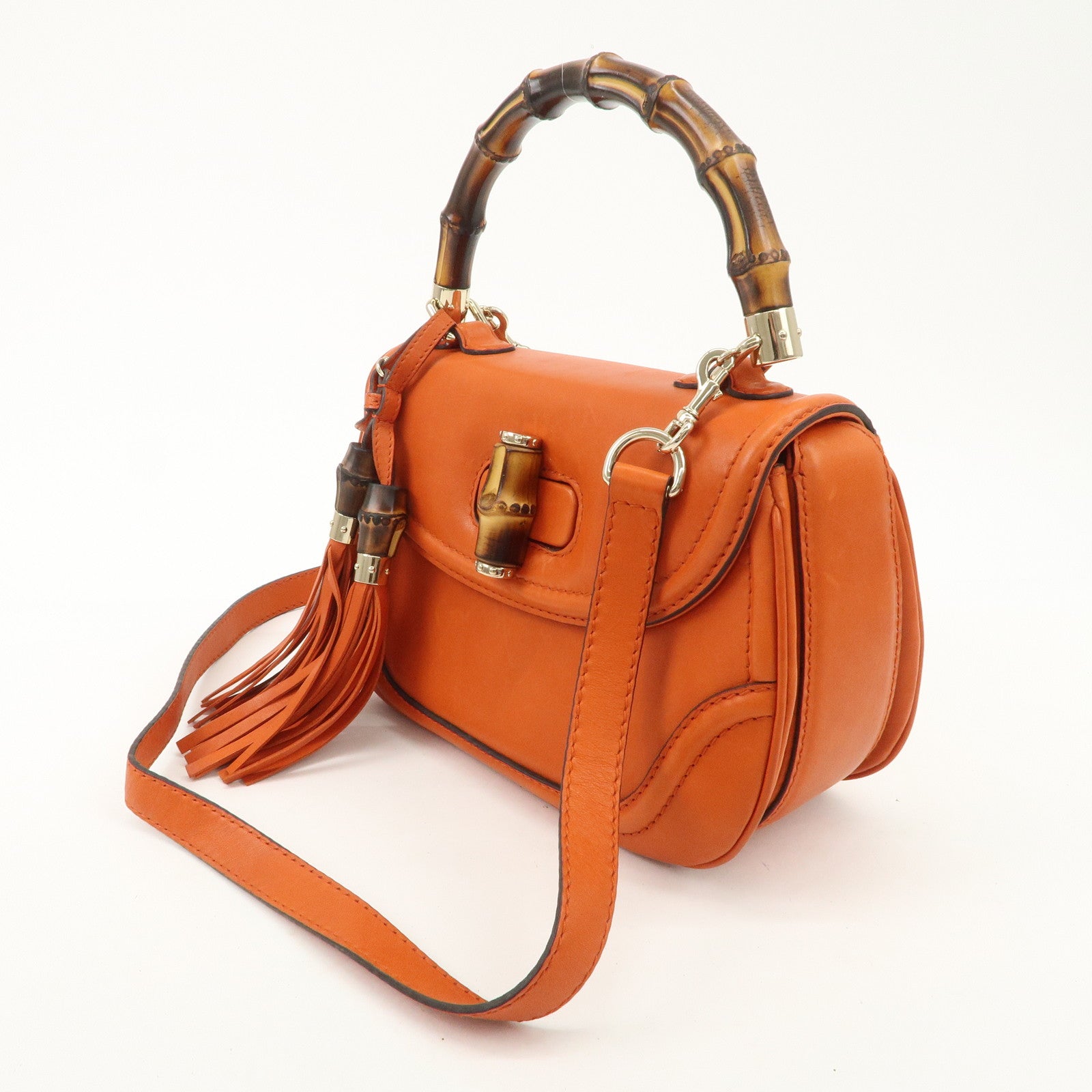GUCCI Bamboo Leather 2Way Bag Hand Bag Shoulder Bag Orange 254884 Used