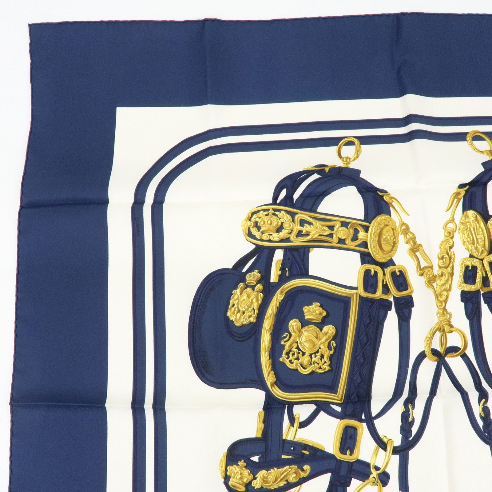 HERMES Carre 90 Silk 100% Scarf BRIDES DE GALA Navy Gold