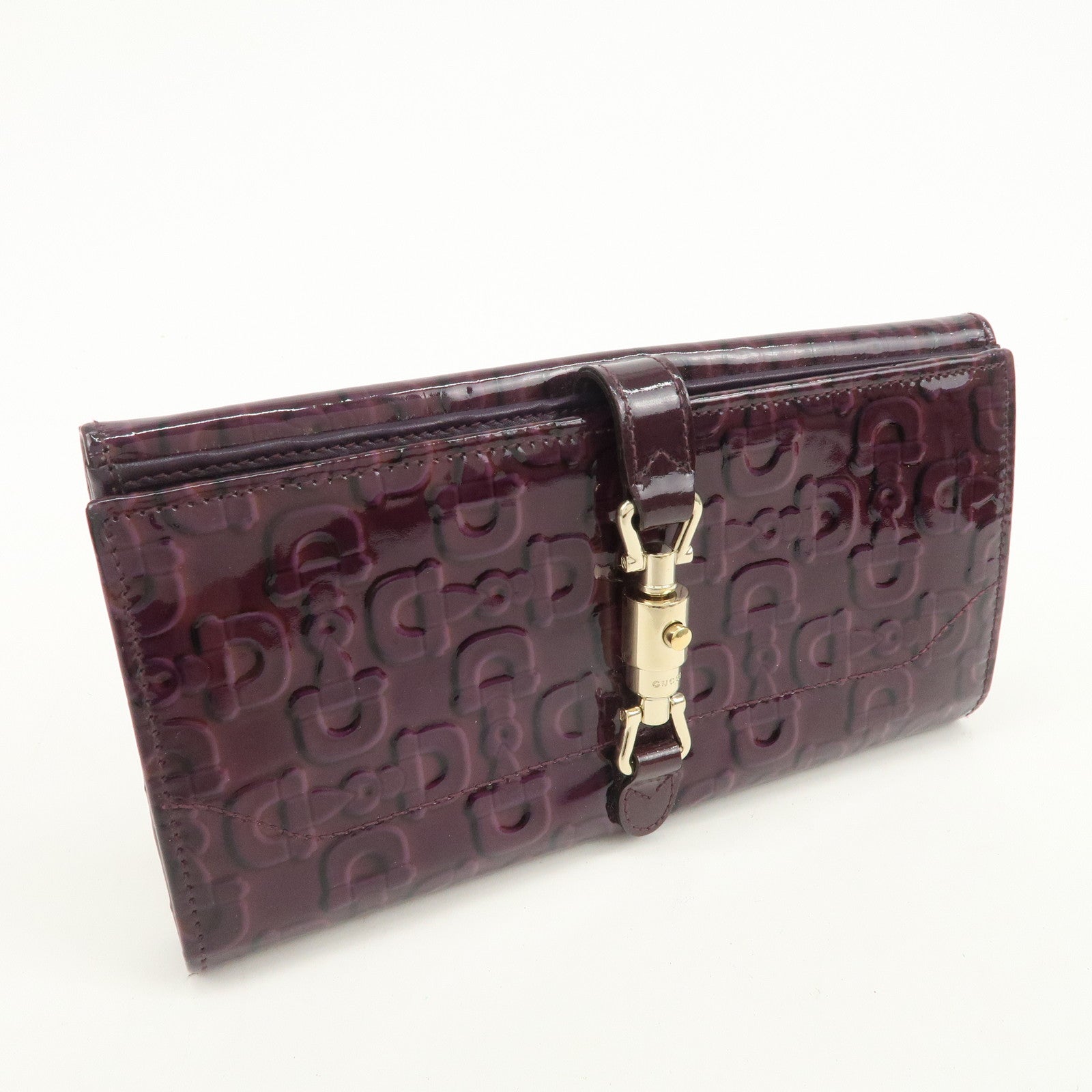 GUCCI New Jackie Logo Patent Leather Long Flap Wallet Purple 141430