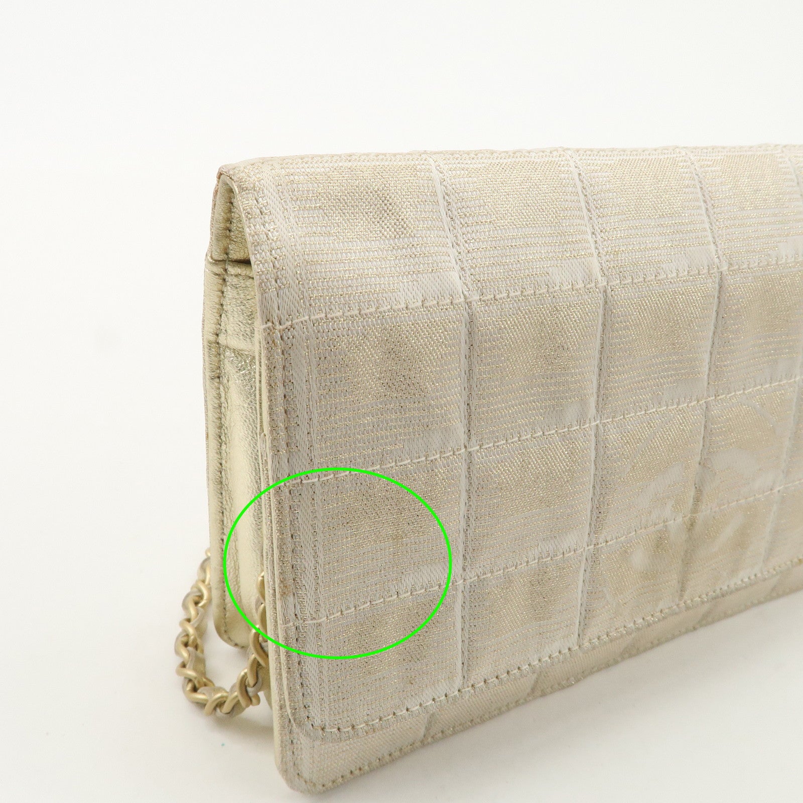 Chanel New Travel Line Nylon Jacquard Leather Chain Wallet Gold A15772 Used