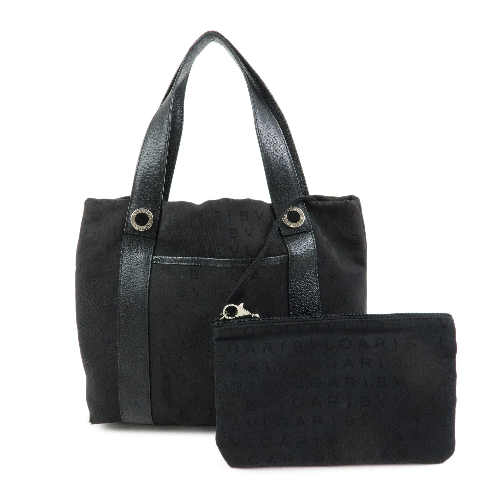 BVLGARI Logo Mania Canvas Leather Tote Bag Hand Bag Black