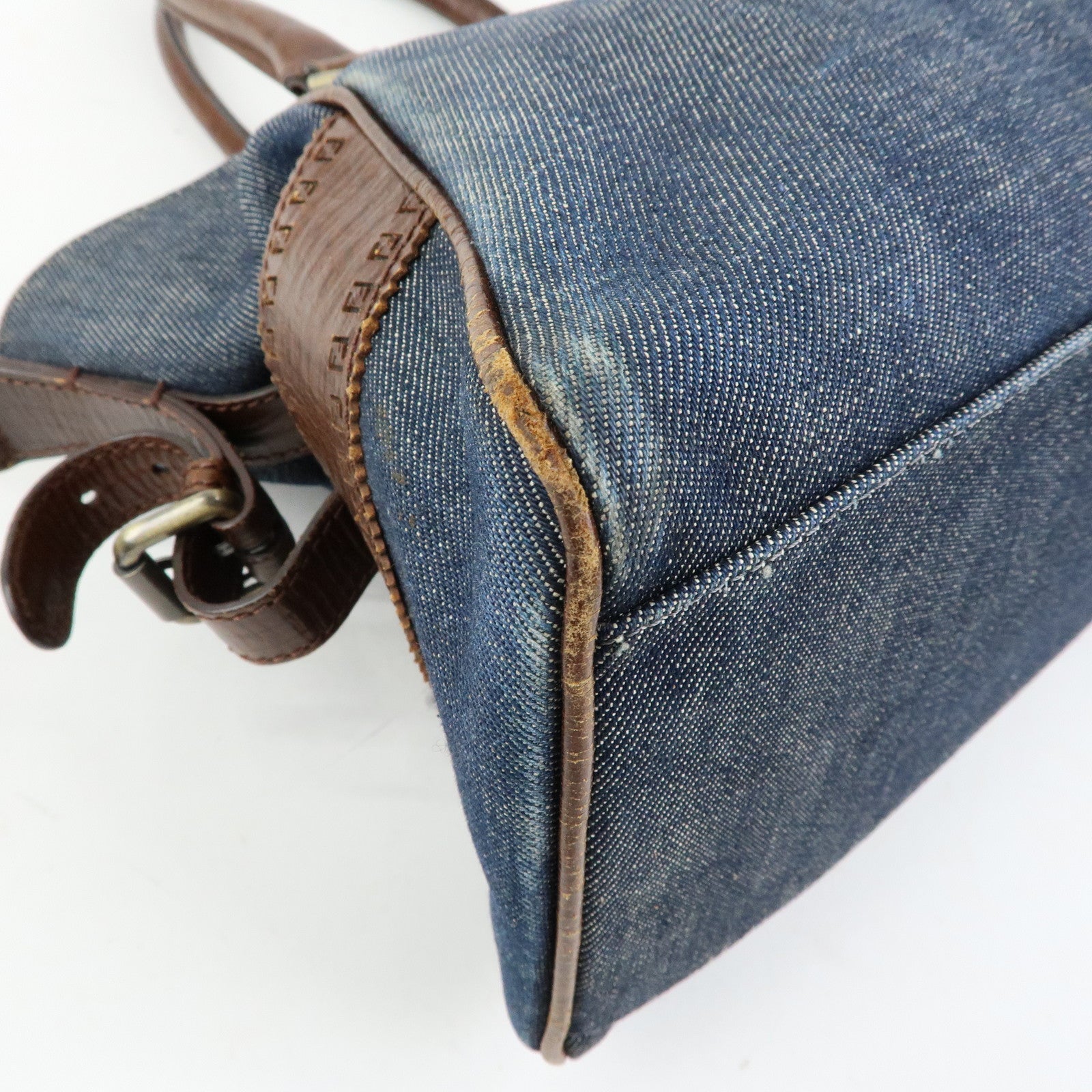 FENDI Etnico Denim Leather Shoulder Bag Indigo Blue Brown 8BN157