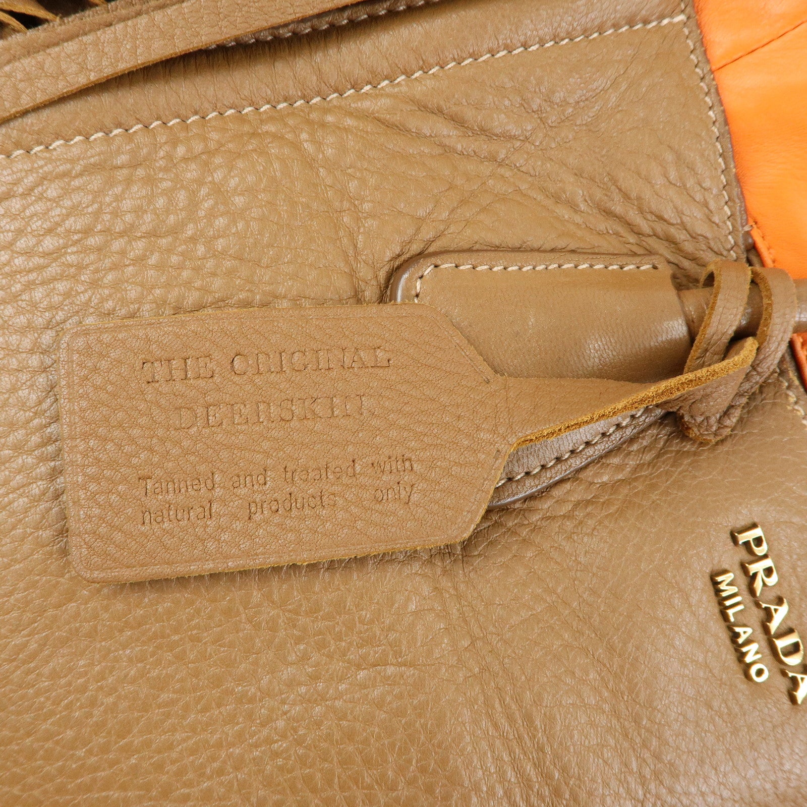 PRADA Leather Fringe Tote Bag Hand Bag Camel Orange