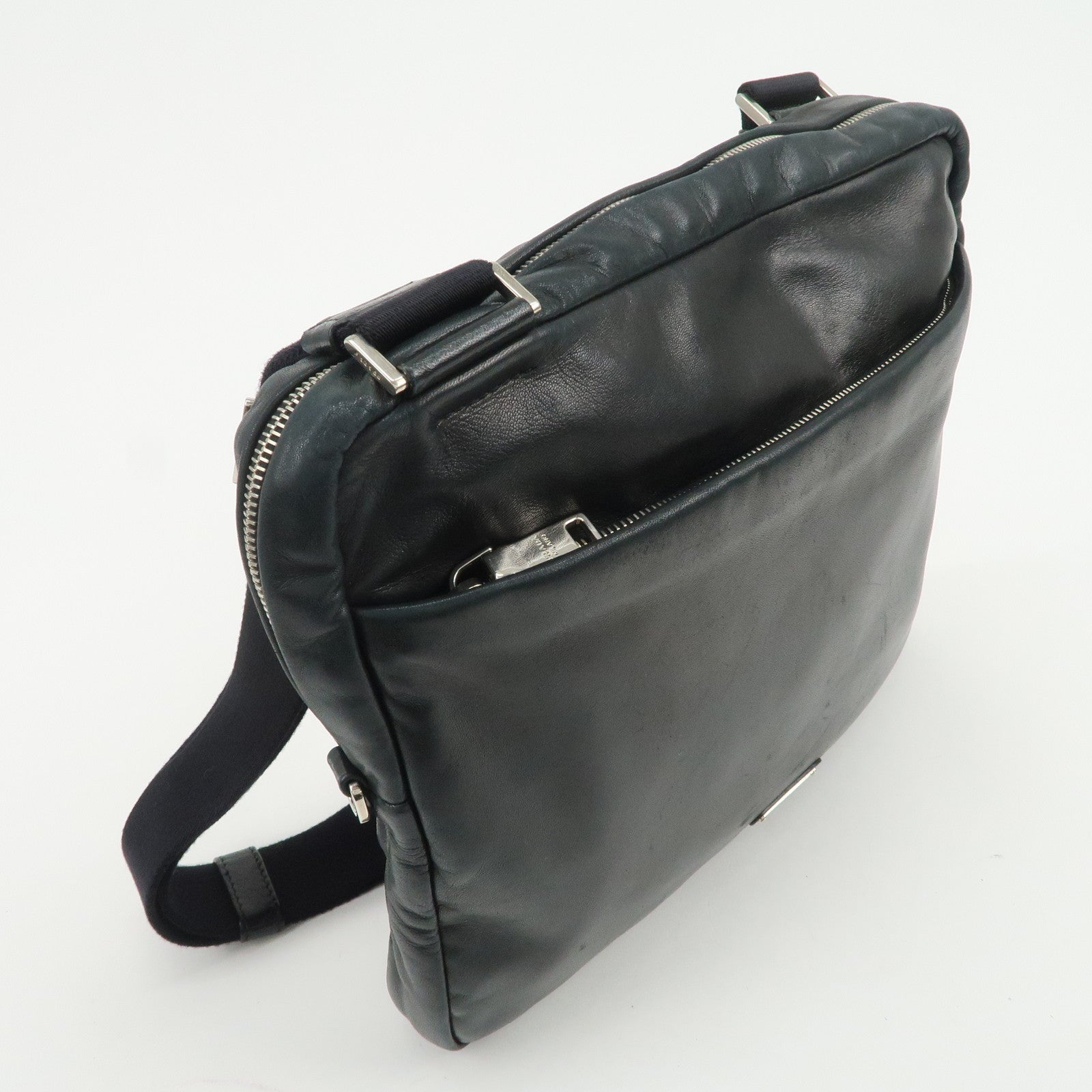 PRADA Triangle Logo Lamb Skin Canvas Shoulder Crossbody Bag Black