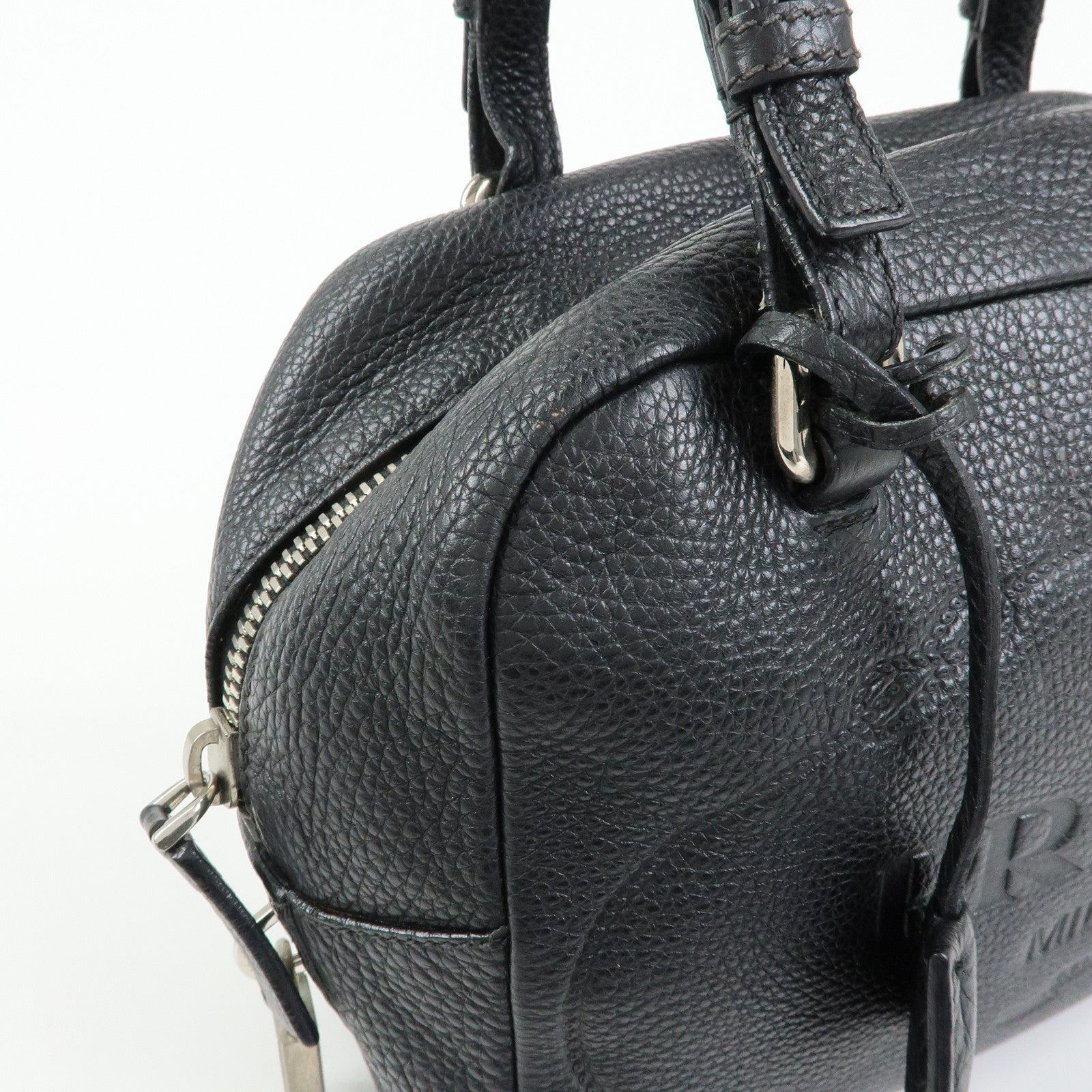 PRADA Logo Leather Shoulder Bag Mini Boston Bag Black