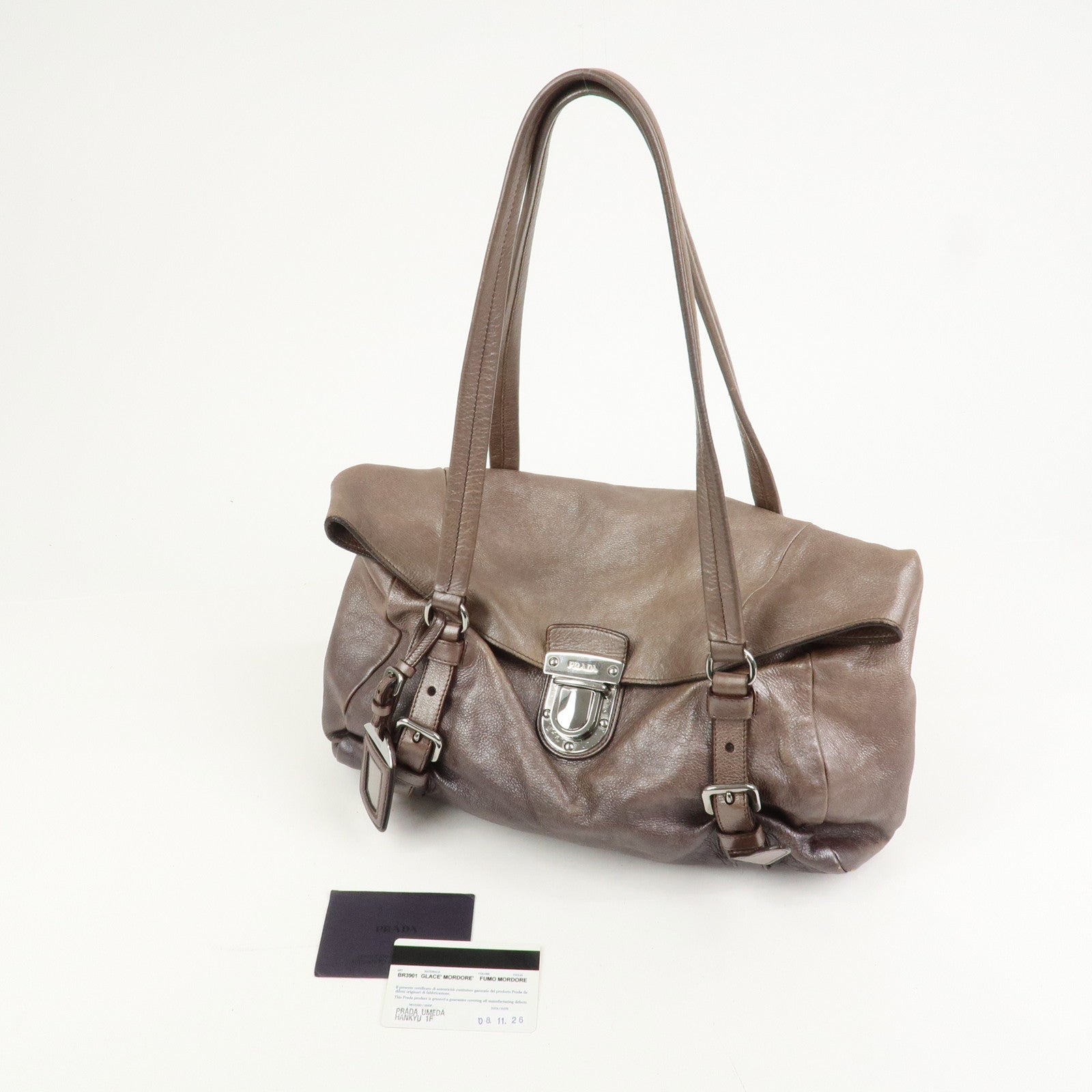 PRADA Logo Leather Shoulder Bag Hand Bag Metallic Brown BR3901