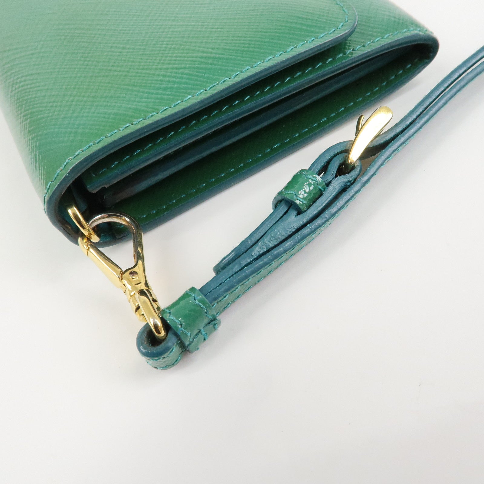PRADA Triangle Logo Patent Leather Bi-Fold Long Wallet Green