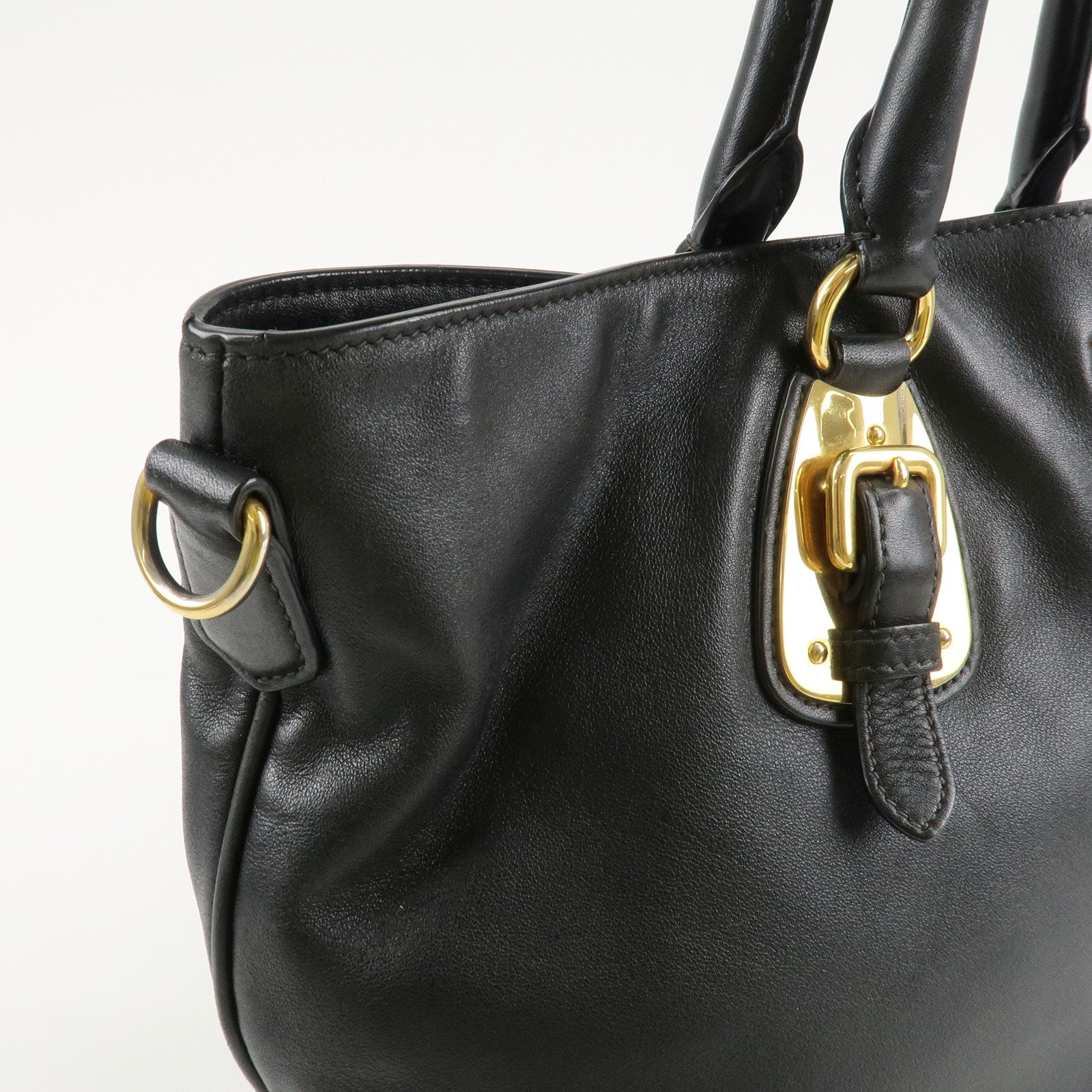 PRADA Logo Calf Leather 2Way Tote Bag Hand Bag Black Gold HDW BN1902 Used