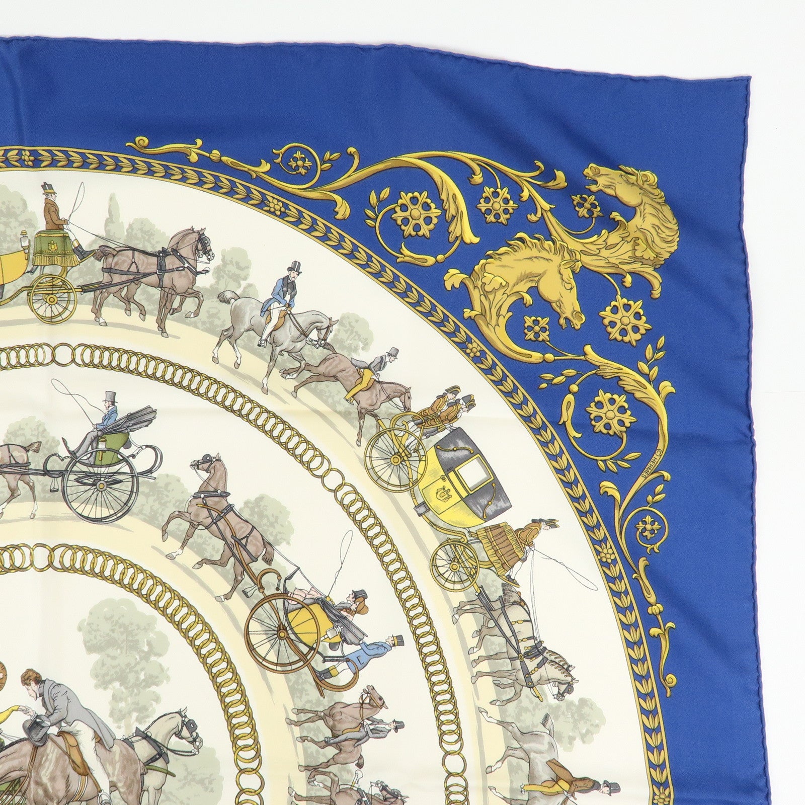 HERMES Carre 90 Silk 100% Scarf LA PROMENADE DE LONGCHAMPS Navy