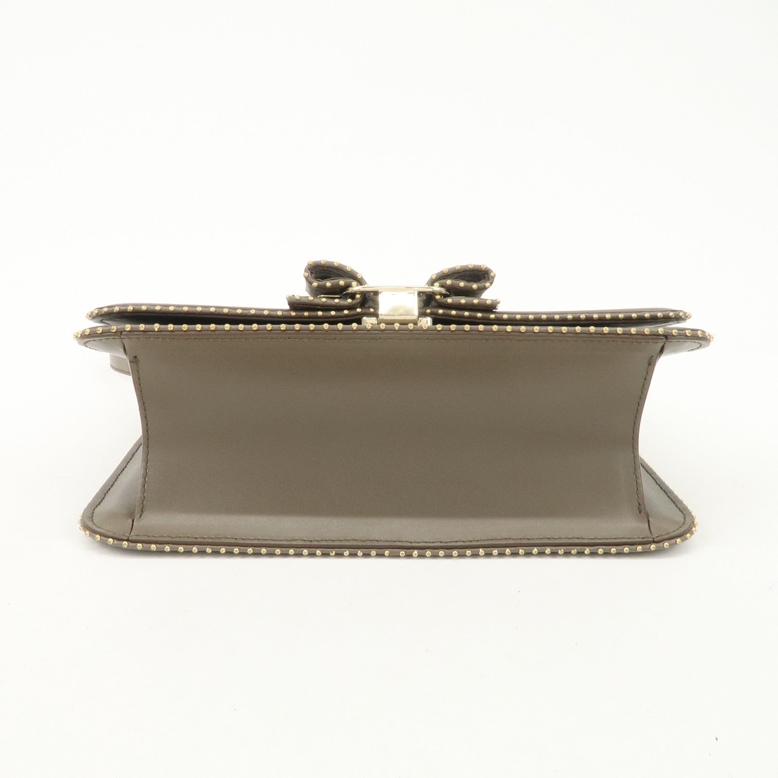 Ferragamo Vara Leather Ribbon Studs Shoulder Bag Greige Used