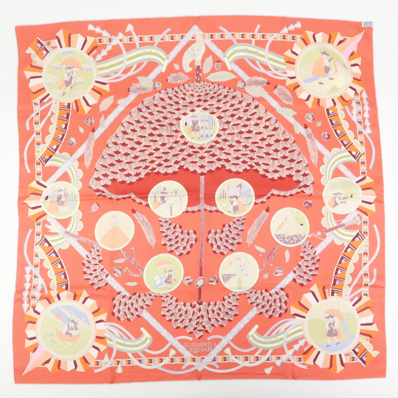 HERMES Carre 90 Silk 100% Scarf L' OMBRELLE MAGIQUE Umbrella Pink