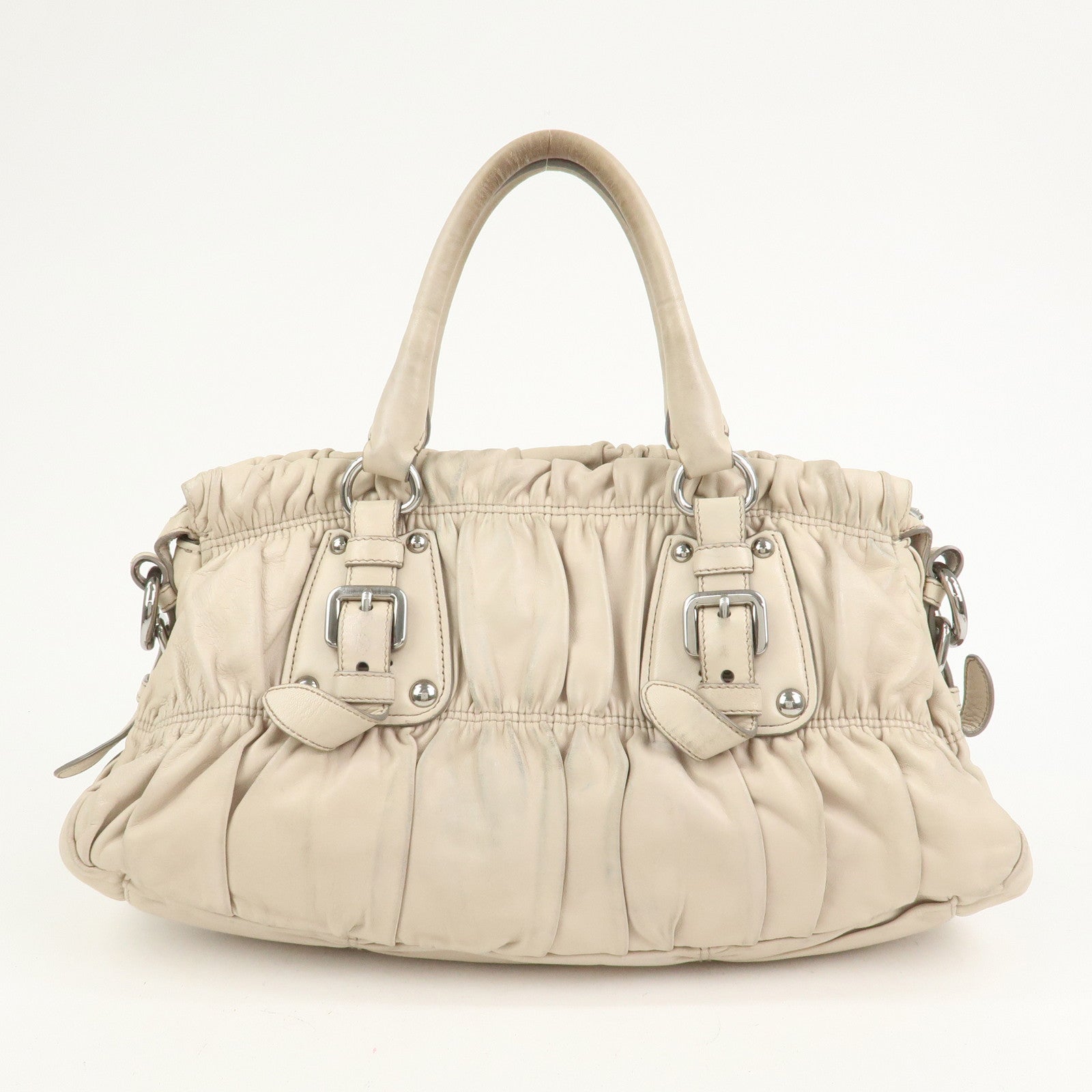 PRADA Nappa Leather Gathered 2Way Tote Shoulder Bag Beige BN1407