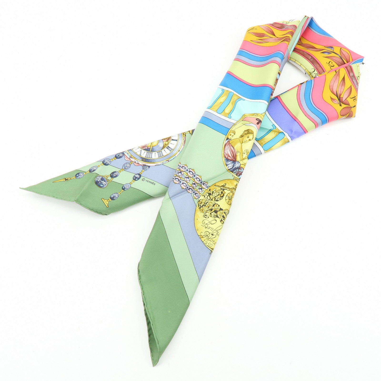 HERMES Carre 90 Silk 100% Scarf la ronde des heures Green Gray Pink