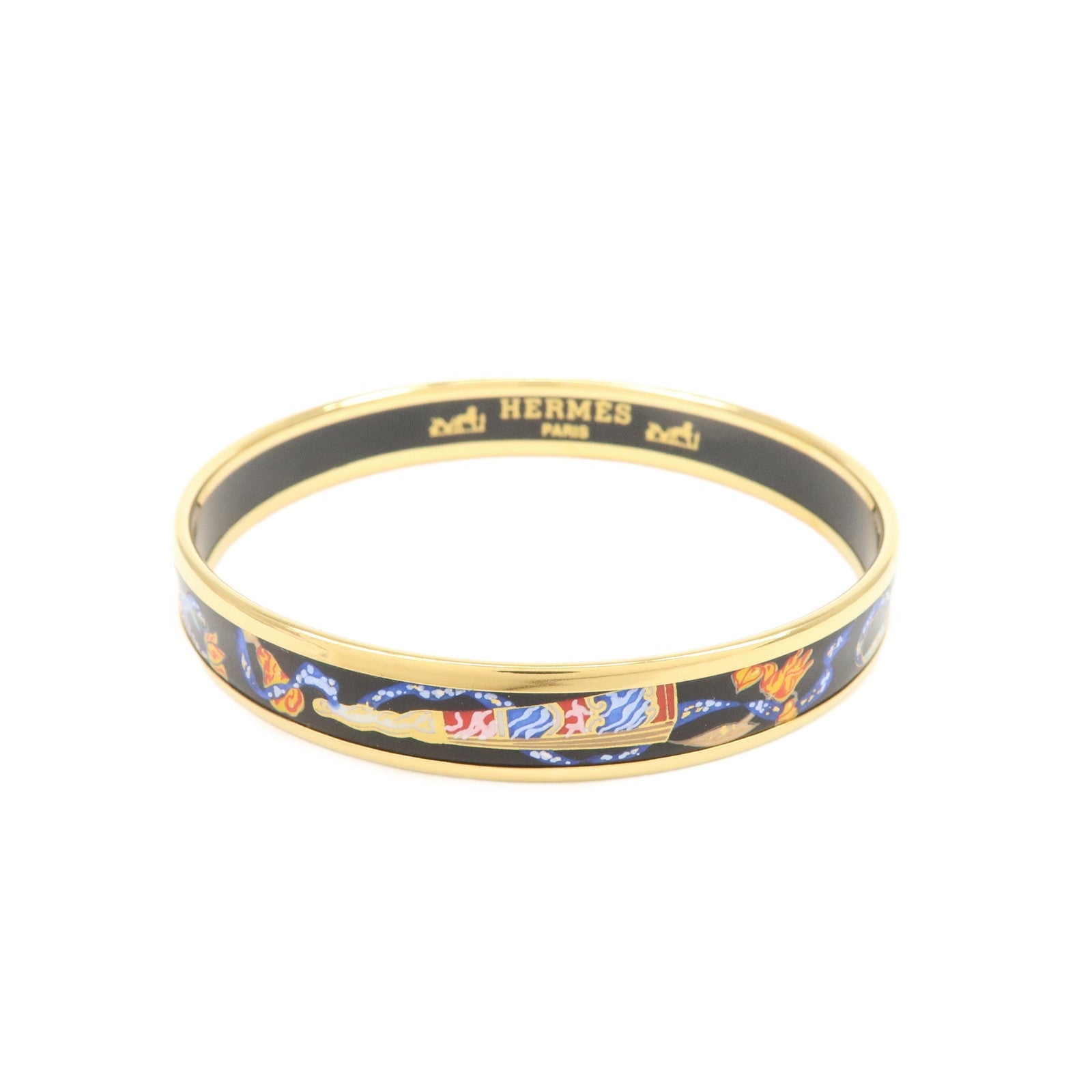 HERMES Email PM Gold Plated Bracelet Bangle Black Multicolor